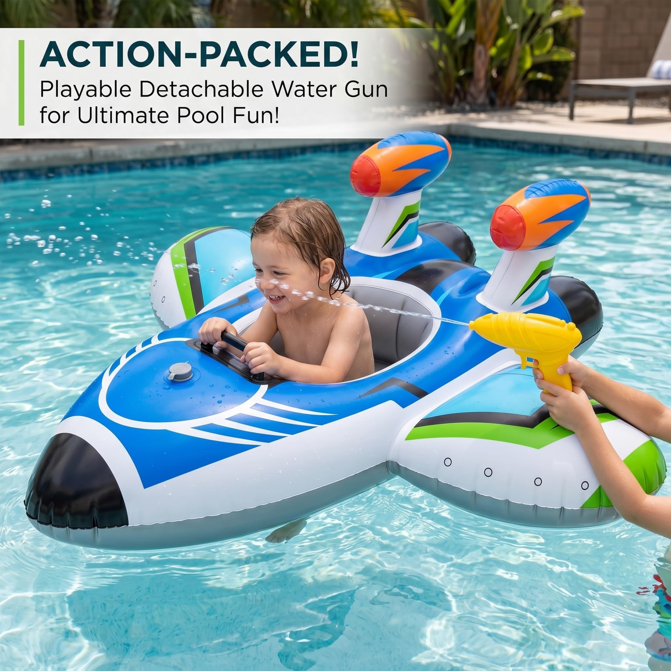 Flotador para niños pequeños, Flotador de Piscina para niños de PVC con Pistola de Agua, avión Inflable, flotadores para, Juguetes Divertidos y Seguros para Piscina, para Edades de 1 a 6 años
