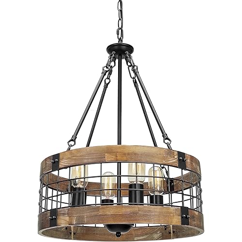 Farmhouse Rustic Chandelier Light Fixture, 4-Light Round Hanging Pendant Lighting for Dining Room Entryway Kitchen Island Foyer Breakfast Area, Black Wood and Black Metal Finish