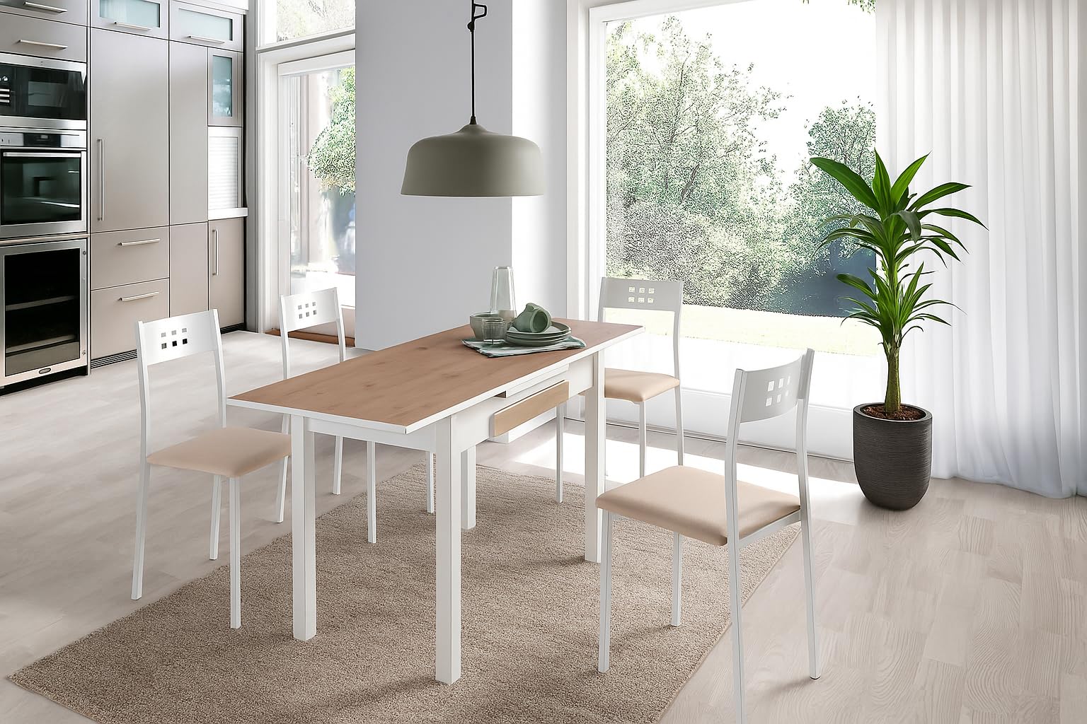MOMMA HOME Mesa de Comedor Extensible Moderna – Mesa de Cocina Plegable y Extensible, Diseño Noli en Color Roble Rústico y Blanco, Medidas 100/160x60x76 cm