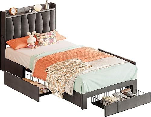 Miniatura 13 de ANCTOR Base de cama tamaño Queen con cabecera de almacenamiento y estación de carga, cama de plataforma tapizada con 3 cajones, no necesita somier,