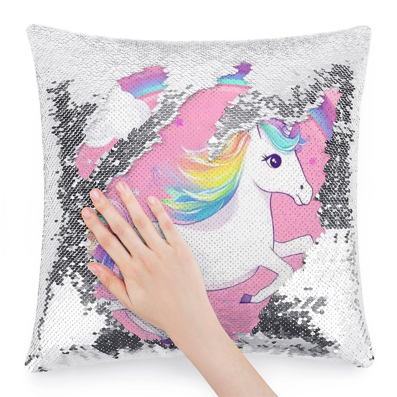 Funny Sequin Throw Pillow Cover Magic Reversible Mermaid Sequin Pillow Case Decorative (Pink Unicorns Rainbow Cloud (1))