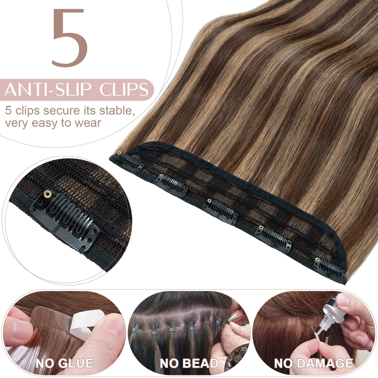 14"(35cm) SEGO Extensiones de Cabello Natural Clip Una Pieza GRUESA [#4/27 Castaño Chocolate/Rubio Oscuro] 100% Remy Pelo Humano Liso Postizos (75g) - 3