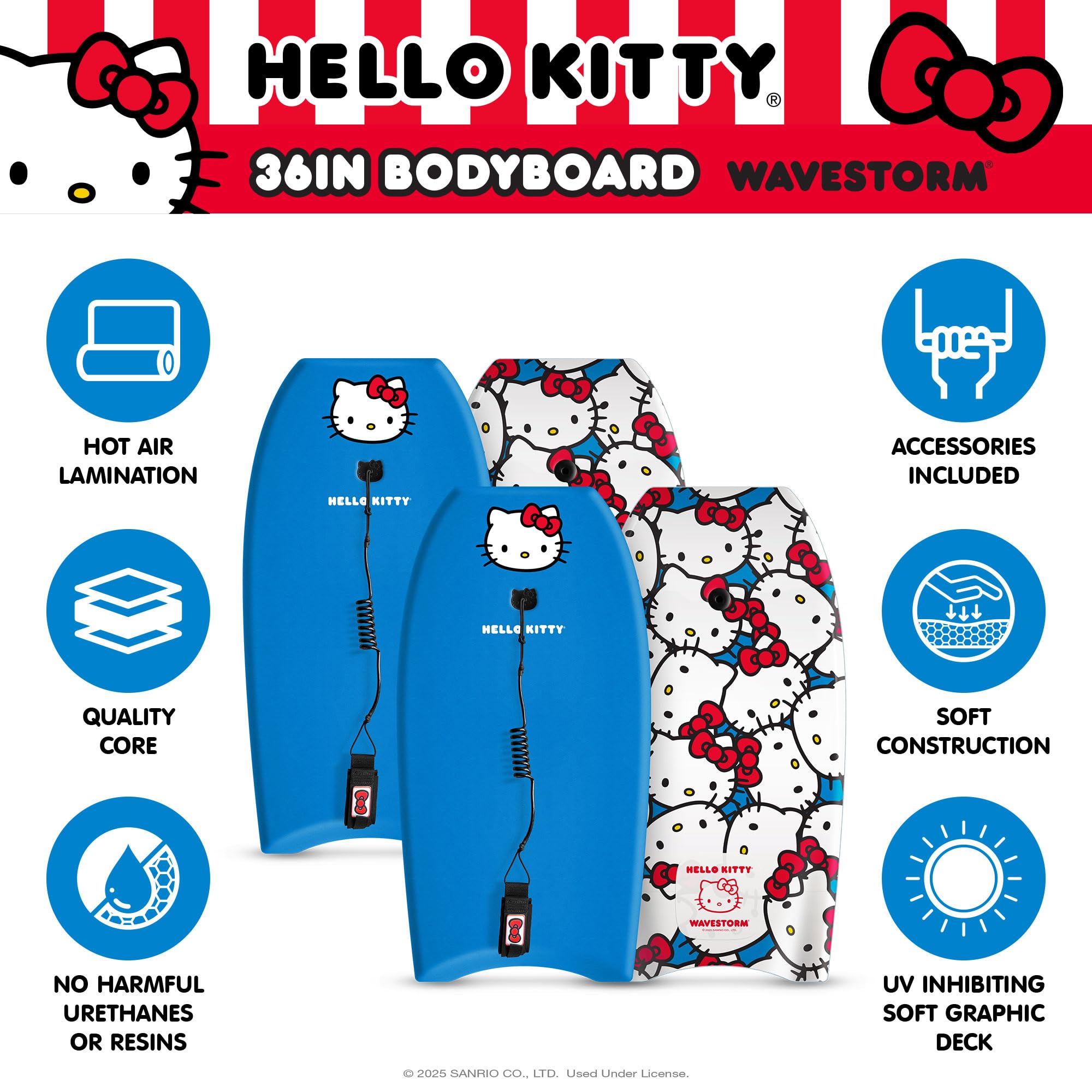 Wavestorm Hello Kitty Bodyboard, 91,4 cm, grafisches Oberdeck mit hochdichter glatter Unterseite, Schaumstoff-Konstruktion mit Zubehör, inklusive verbesserter Spiral-Leine, 2 Stück