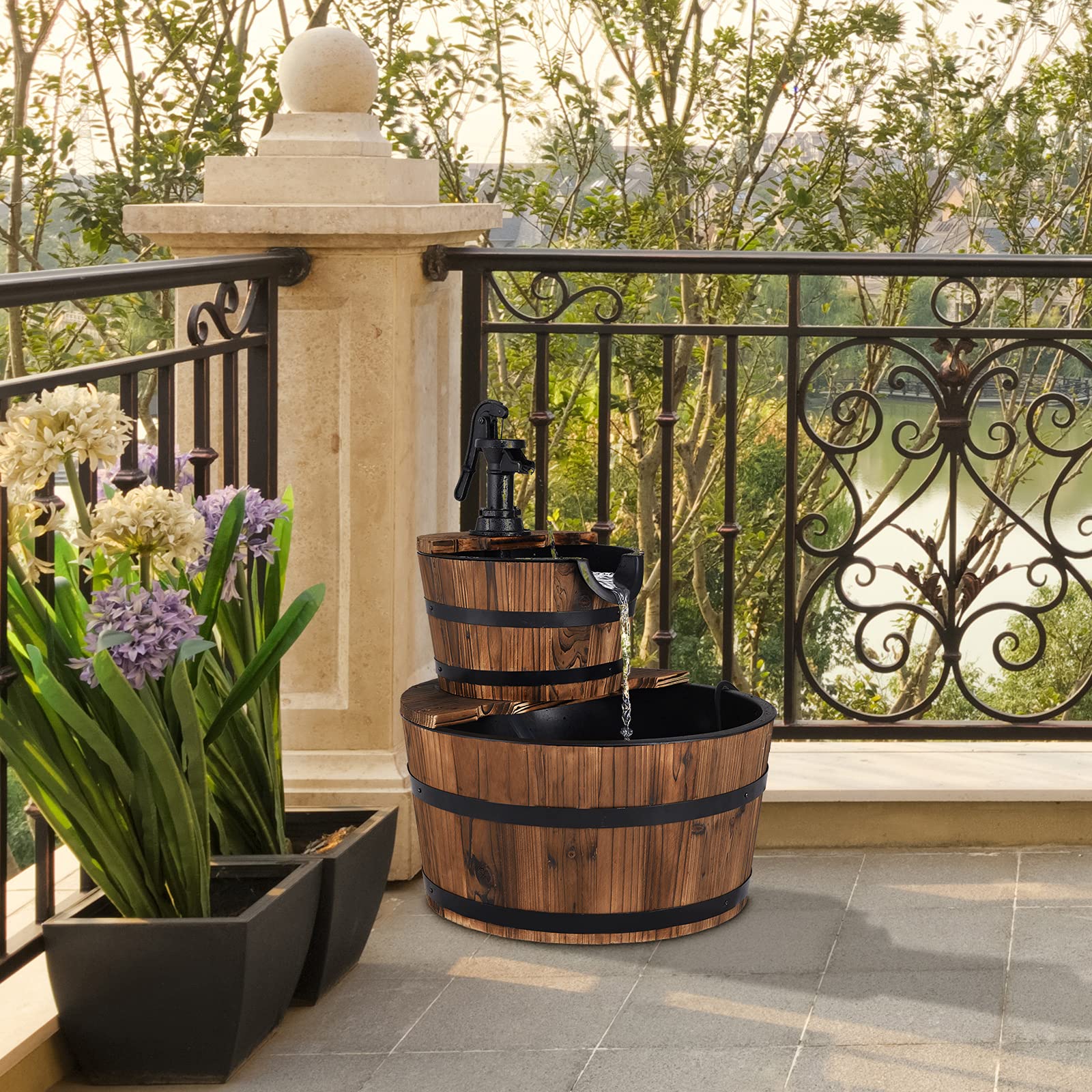 GOPLUS Fontaine à Eau à 2 Couches en Sapin Carbonisé, Écoulement d’Eau Ajustable, Fontaine Extérieure avec Pompe Manuelle Décorative, Idéal pour Jardin ou Cour, Marron Foncé