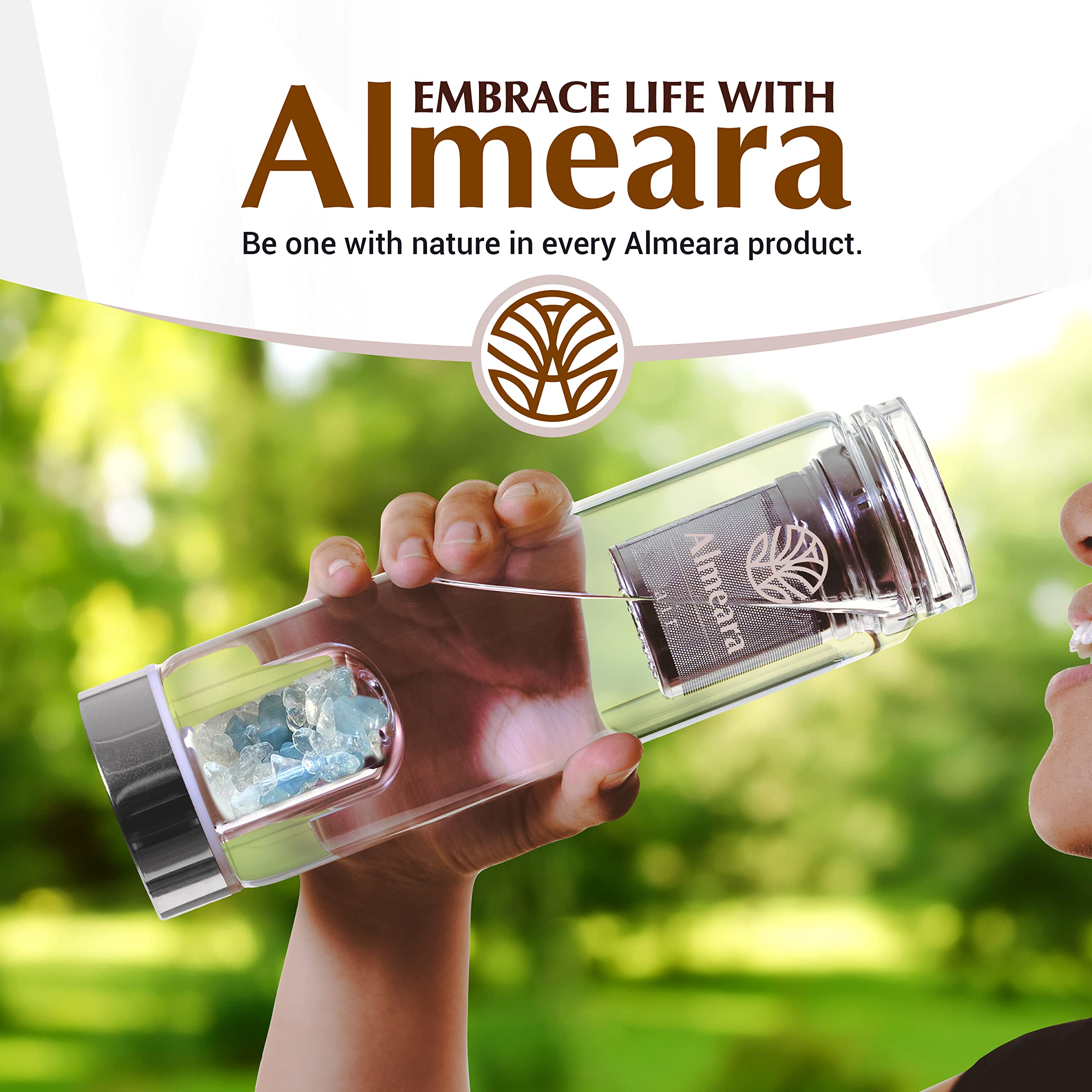 Almeara Botella de agua de cristal, botella de agua con infusión de elixir con gemas grandes, aire