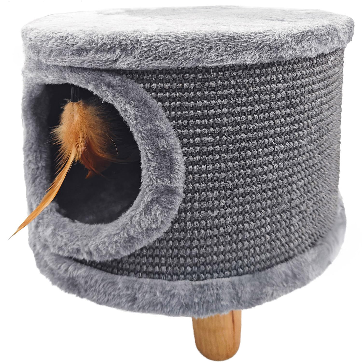 Casa para gatos Cabin II, rascador con superficie de descanso y muelle de juego, 32 cm de diámetro, 38 cm de altura, color gris