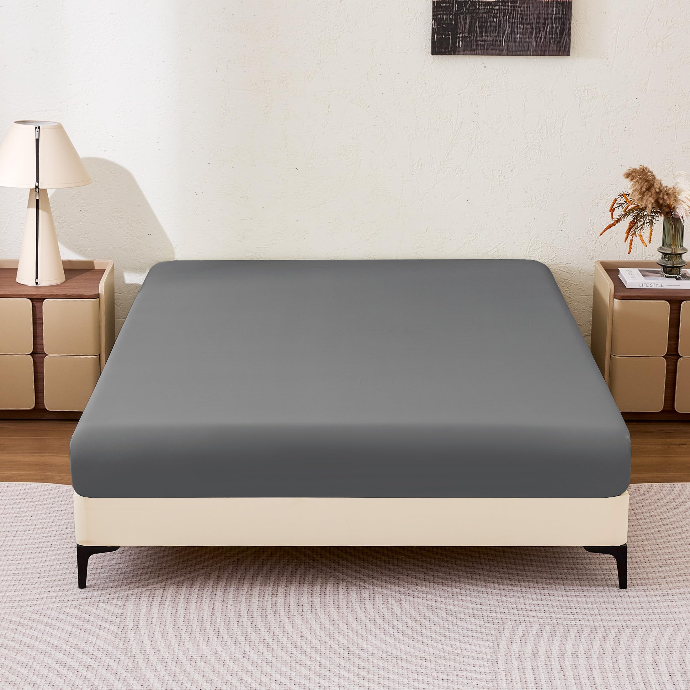 Amazon Basics Soft Fitted Sheet, Lightweight Bottom Sheet, 14-Inch Deep Pocket, Durable and Long Lasting, Easy Care, Queen, Dark Gray, Pack of 1 - 2