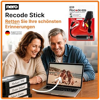 Nero VHS to USB Video Grabber Recode Stick Digitize VHS Yourself Analog to Digital Capture Card Video Cassettes Digitize S-VHS Hi8 Super 8 DVD to PC Windows 11/10 MacOS