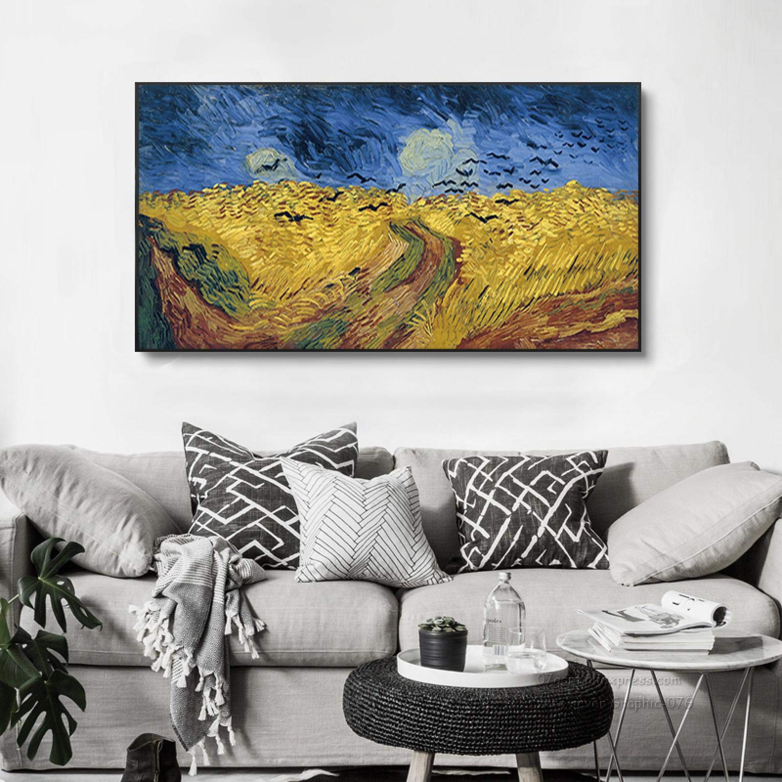 Trigo Campo Cuervo Pinturas Arte abstracto Lienzo Pintura Cuadros de pared para sala de estar Decoración Carteles e impresiones 70x140cm (28''x55') Marco interior