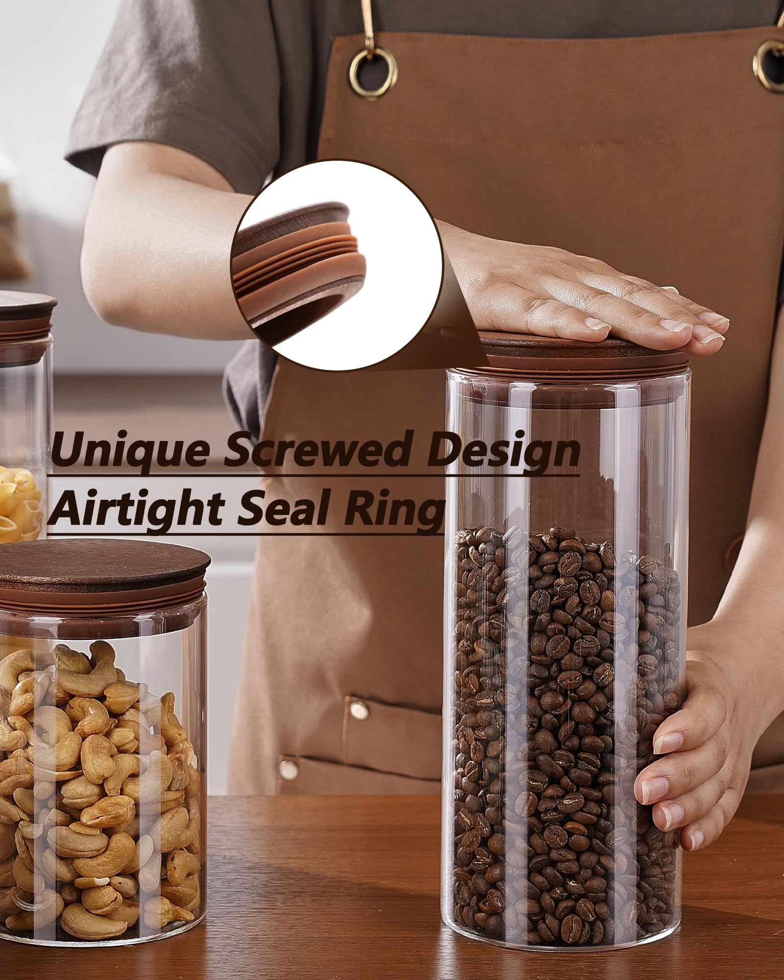 Set di 2 barattoli da caffè in vetro ermetico da 1500 ml con paletta e coperchi in legno, per caffè macinato, chicchi di caffè, contenitori con coperchio, per cucina, zucchero marrone, bar