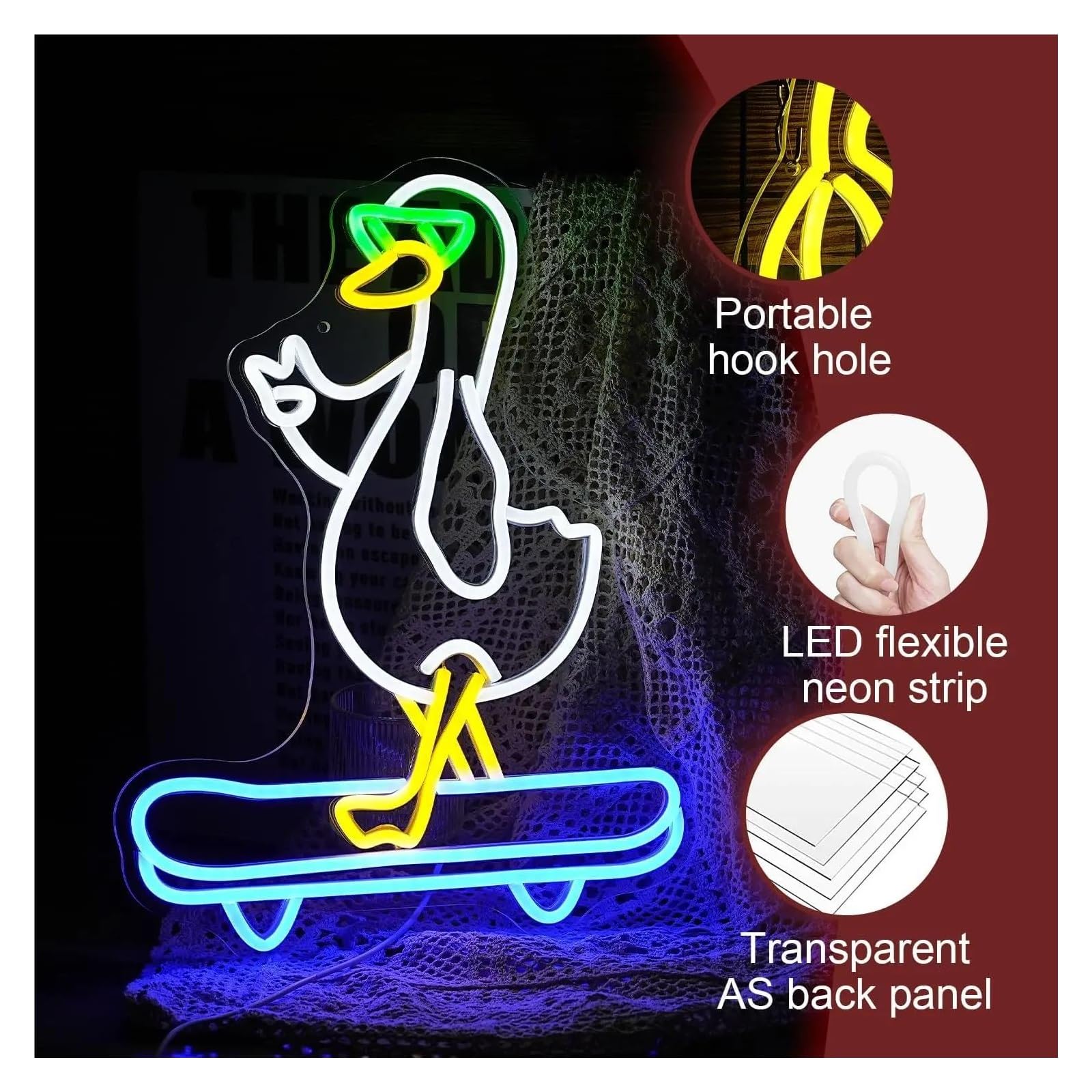 Decoración Lámparas Letrero De Neón De Pato Gafas De Monopatín Luz LED De Pato Decoración De Pared Para Sala De Niños Sala De Juegos Cumpleaños Para Niños Y Niñas 29cmx38cm
