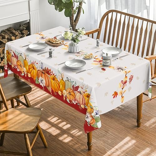 Miniatura 2 de Horaldaily Mantel de otoño de 52 x 70 pulgadas, decoración de mesa roja de flores y calabazas de acuarela de cosecha de otoño de Acción de Gracias,