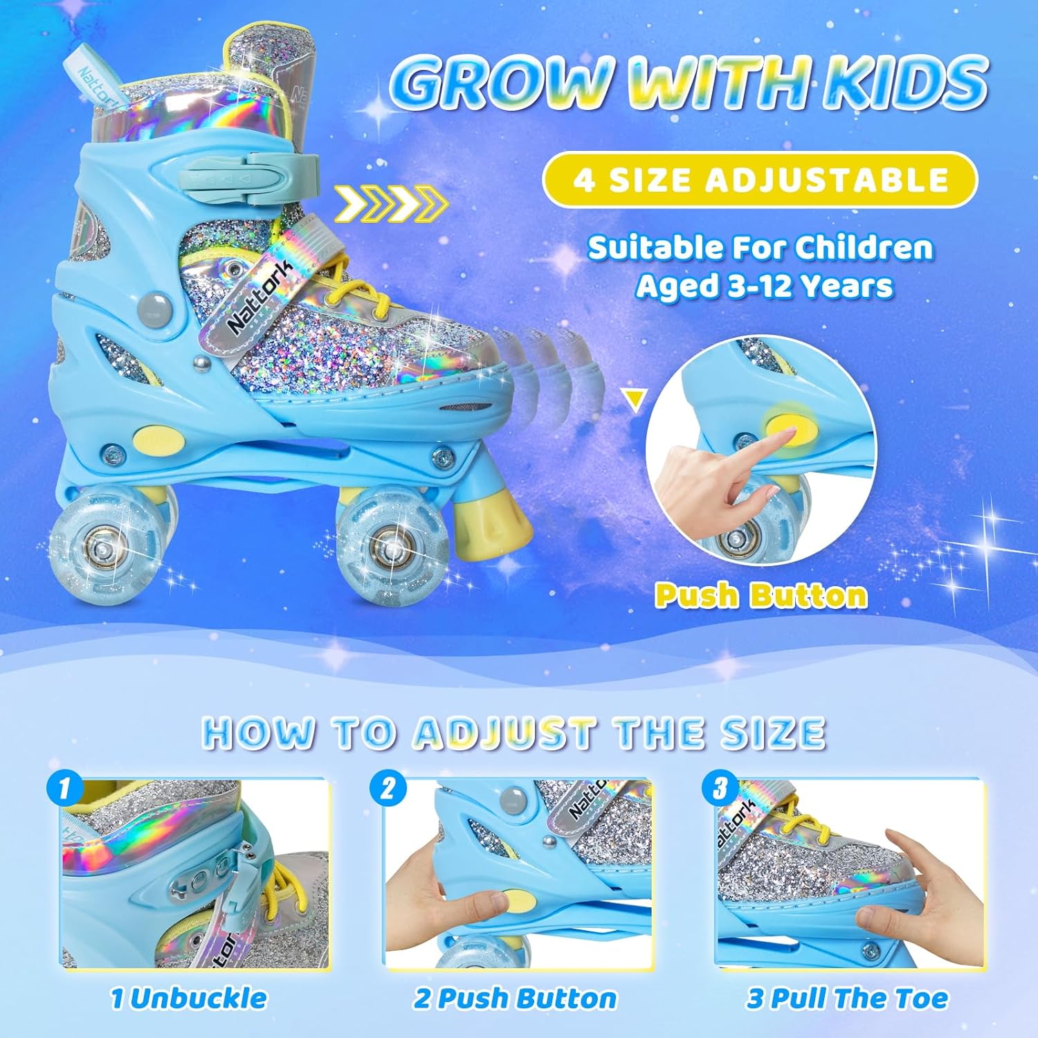 Nattork Kids Roller Skates for Girls Kids, 4 Sizes Adjustable Girls Roller Skates for Ages 3-12 with Light up Wheels & Safety Protection - Cool Birthday Gift for Indoor Outdoor Sports Light Blue Small(10C-13C)