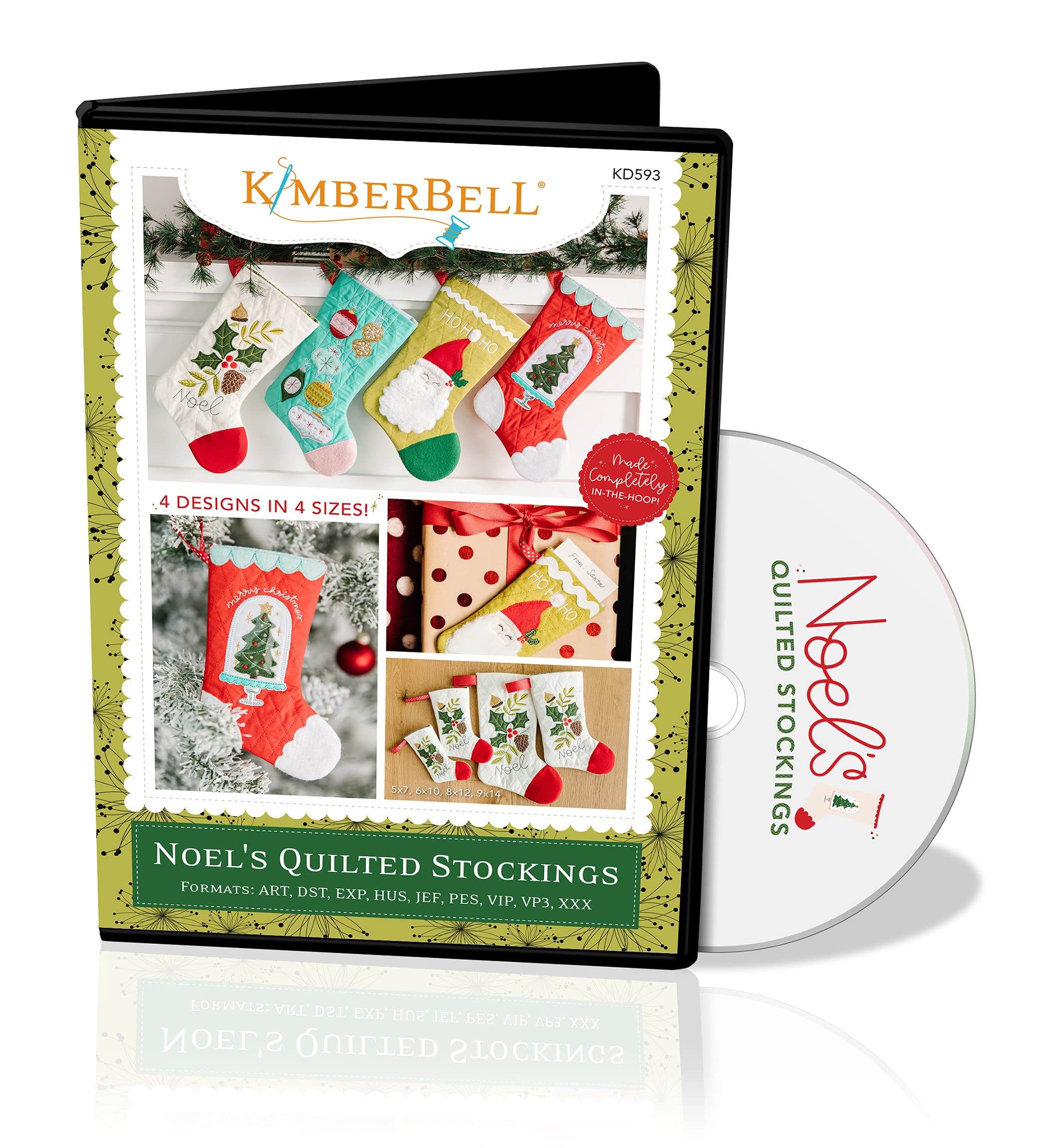 Kimberbell Noel’s Quilted Stockings Machine Embroidery CD, includes: Step-by-Step Instructions, 4 Designs in 4 Sizes, 9 Embroidery Formats, for 5”x7” Hoop, Finished Sizes: 5x7, 6x10, 8x12, 9x14