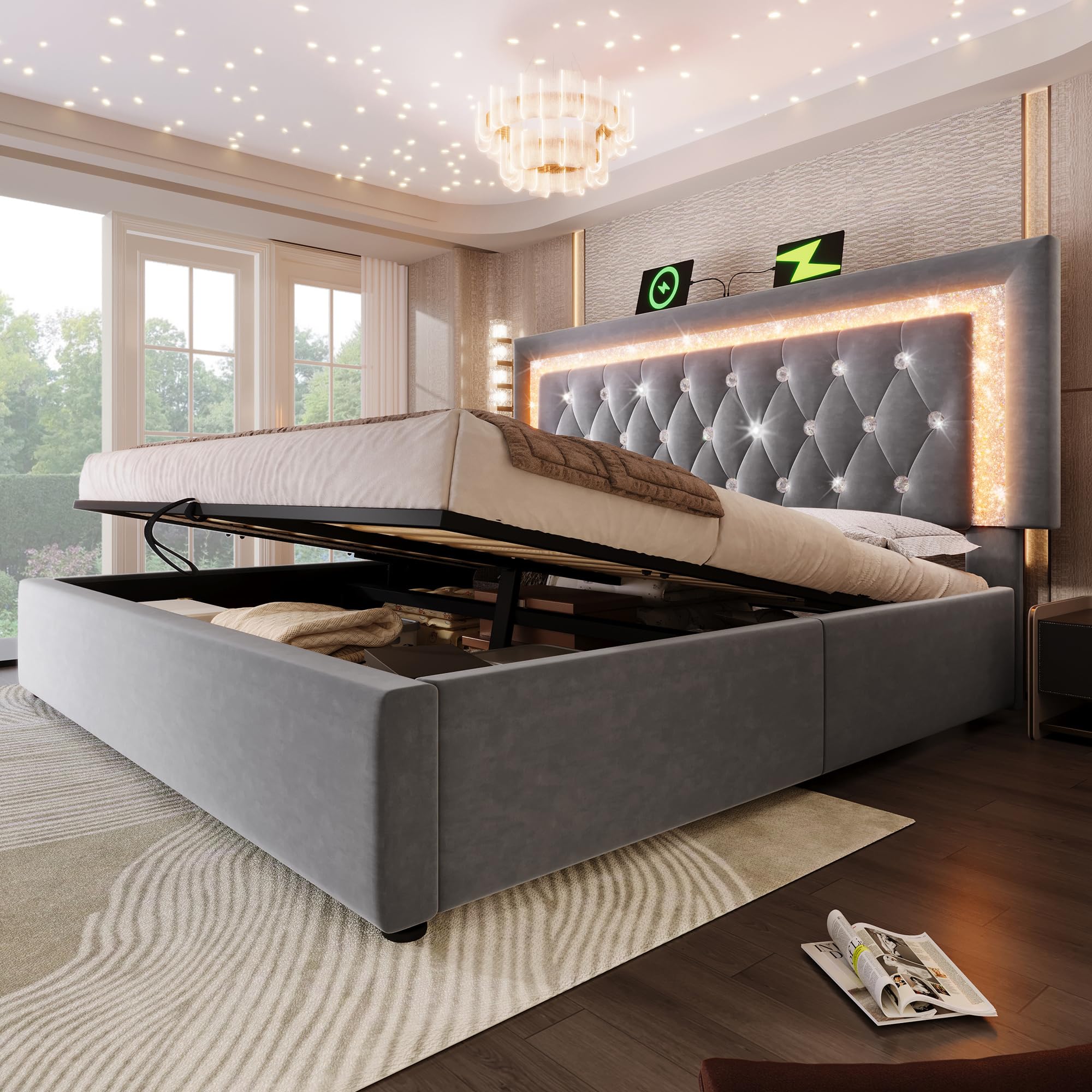 Łóżko tapicerowane 180 x 200 cm, aksamitne łóżko podwójne z paskami diamentowymi LED, stacja ładująca USB & Type-C, hydrauliczne łóżko do przechowywania, nowoczesne łóżko młodzieżowe ze