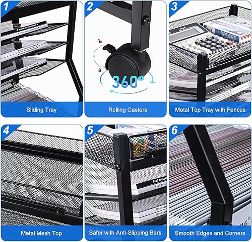 Miniatura 4 de JEBELE Carro de archivos de 5 niveles con ruedas enrollables y bloqueables, carpetas de archivos colgantes, carrito organizador de archivos de