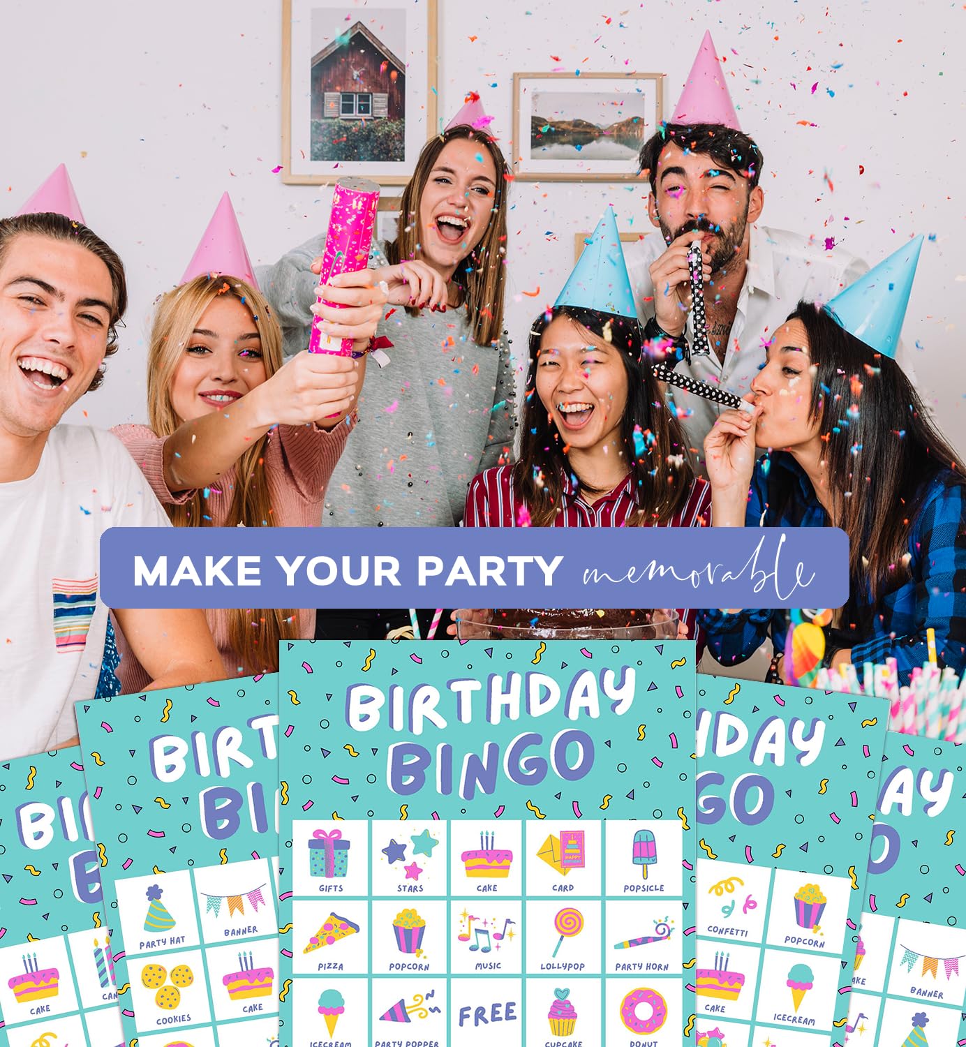 Markt Urodzinowa gra bingo dla dzieci, gry urodzinowe, artykuły do gier imprezowych dla dzieci - 23 graczy - niebieska