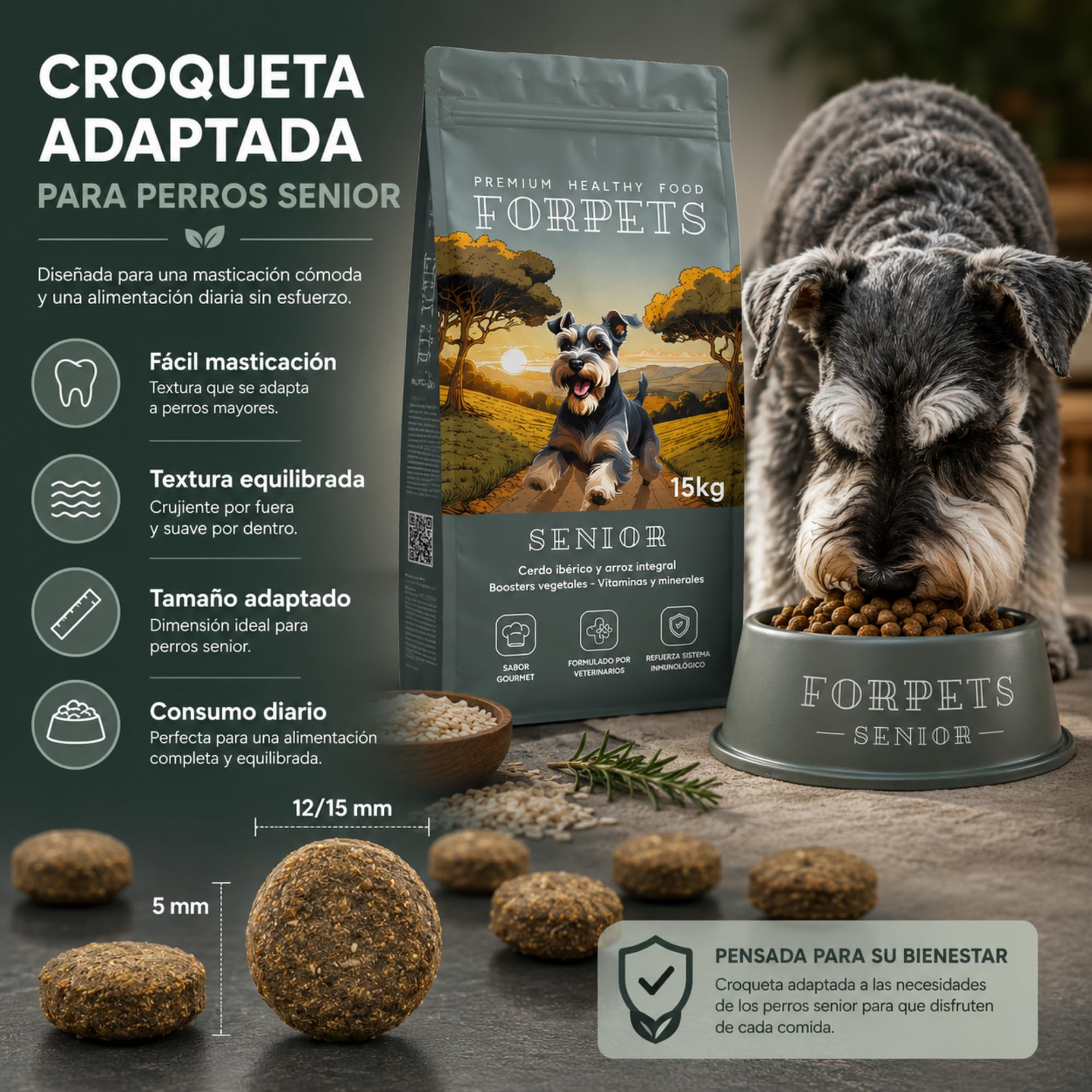 Pienso Senior para Perros Mayores 15 kg | Articulaciones con Glucosamina y Condroitina | Digestión Sensible, Piel Sensible | Razas Medianas y Grandes | Cerdo Ibérico y Sin Gluten | FORPETS