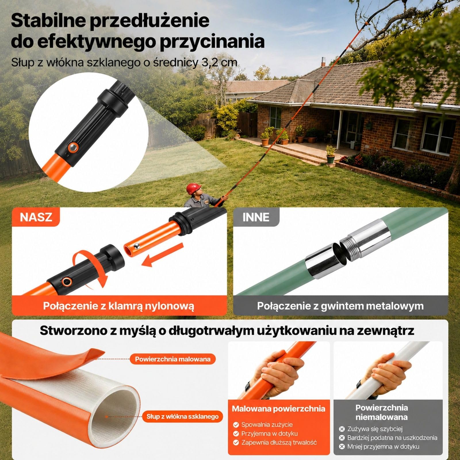 Ręczna piła na wysięgniku ze stalowym ostrzem, elementami z włókna szklanego, klamrami nylonowymi, do palm i krzewów