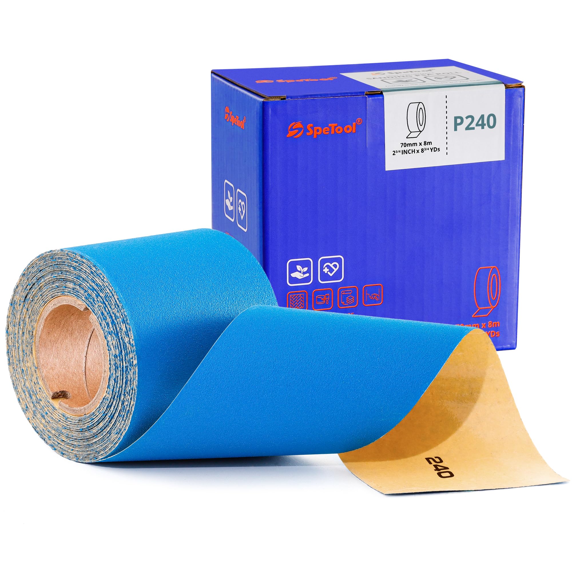 SpeTool Rollo de papel de lija de 70 mm x 8 m, grano 240, PSA Langbahn - Rollo de papel de lija autoadhesivo de óxido de aluminio para coches, bloques de lijado de mano, madera, metal y plástico