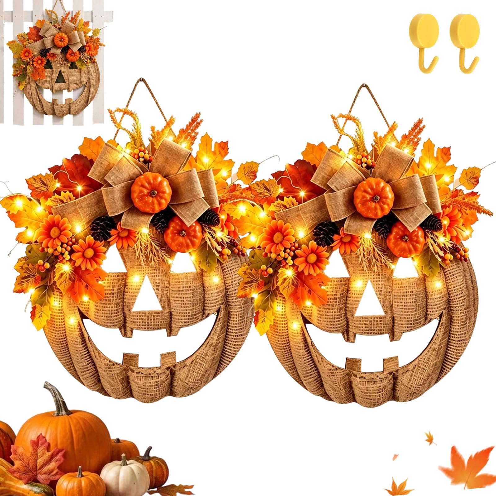 Lighted Burlap Pumpkin Wreath, Halloween Garland Patchwork Adorned with Remote Control, Halloween Farmhouse Fall Harvest Wreath for Indoor Outdoor Wall Porch Home Door (2pcs,With Lights)