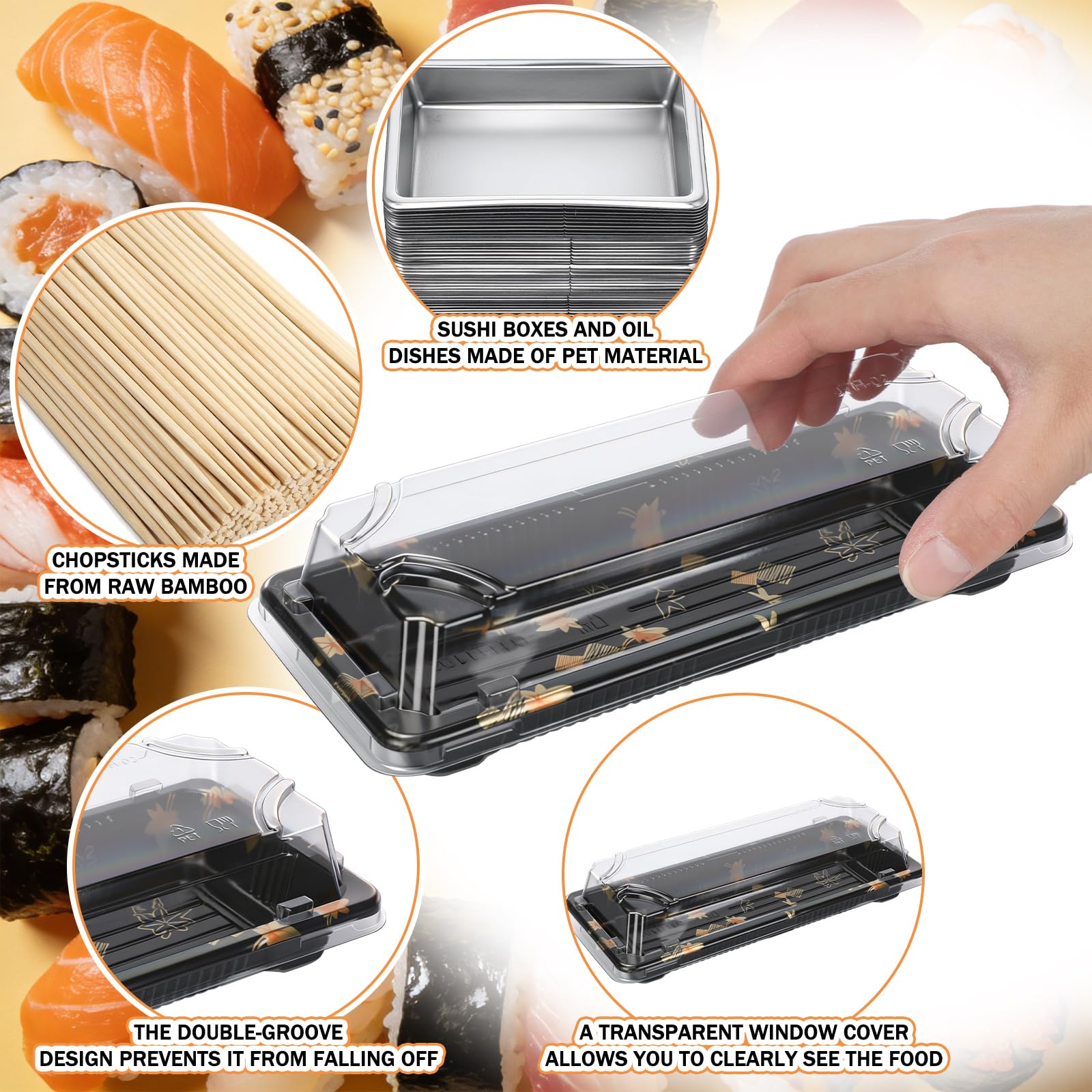 Confezione da 100 vassoi per sushi, include contenitori per sushi con coperchio, 100 paia di bacchette giapponesi in bambù, 100 piatti per salsa di soia, per hot dog, panini, patatine fritte
