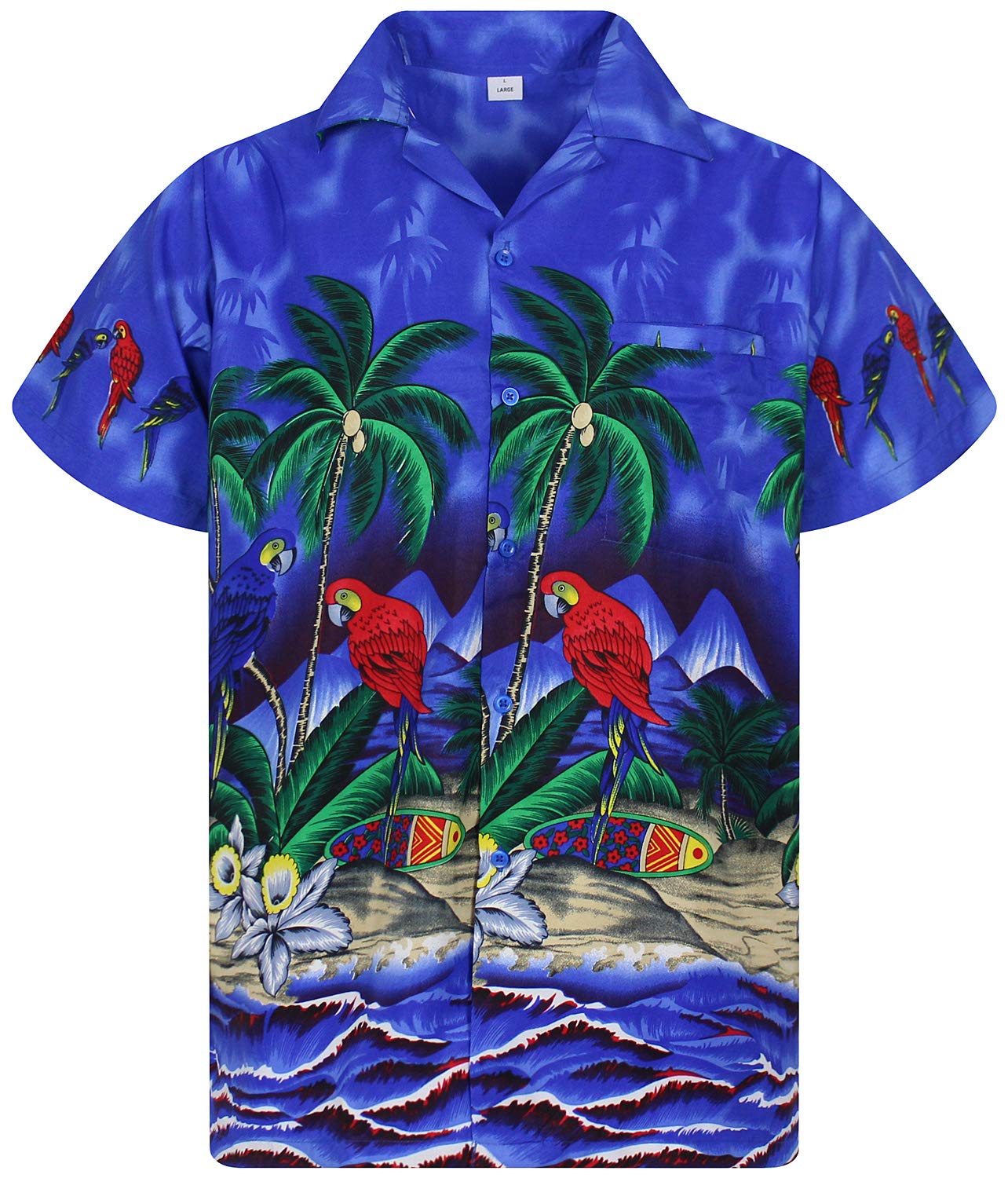 V.h.o. Men's Vho-Parrot-Design-Darkblue Funky Hawaiian Shirt, Shortsleeve, Parrot, Darkblue, L