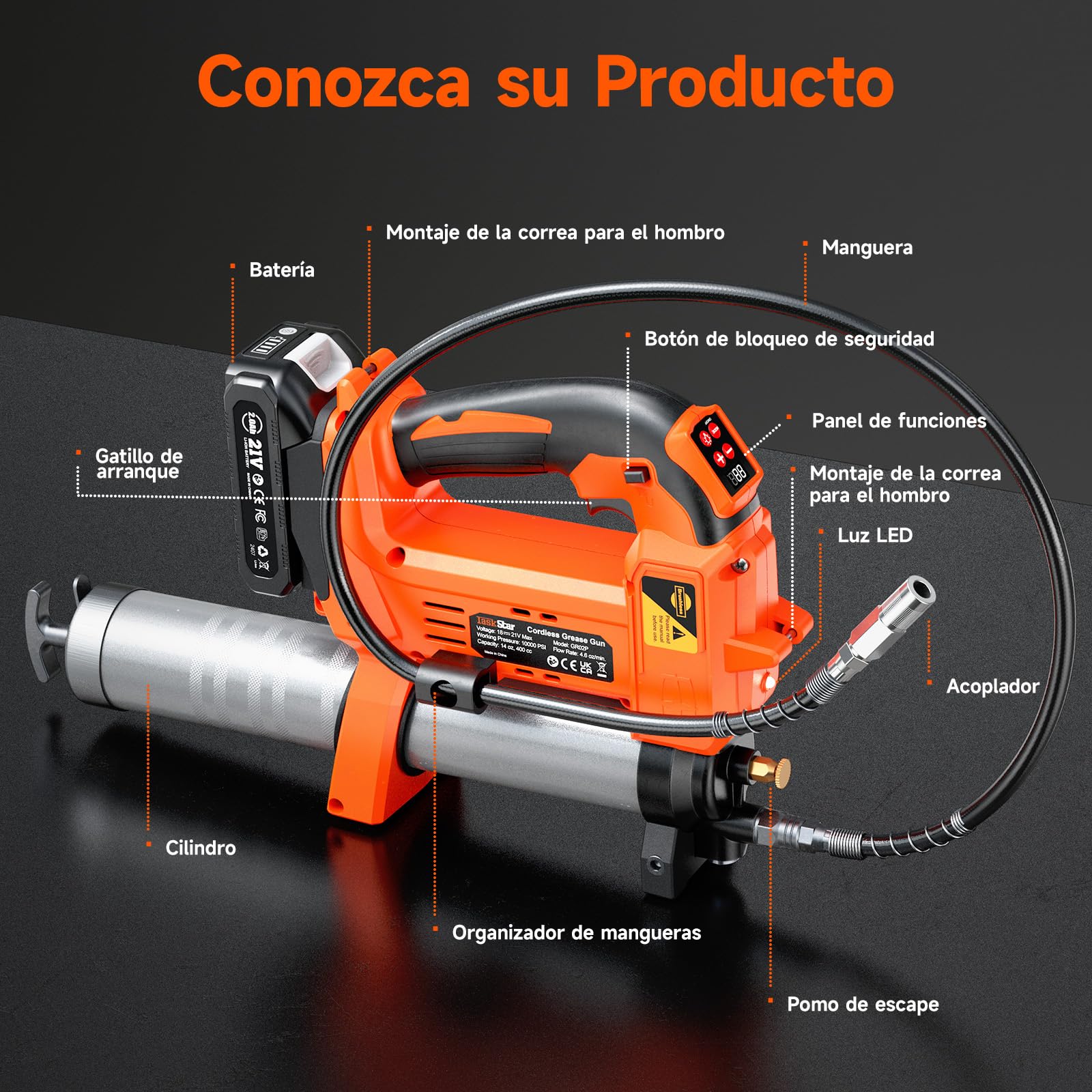 TaskStar Engrasadora a Batería de 10000 PSI: Engrasadora Mejorada con Control Automático del Volumen de Grasa, 2 Baterías *2,0AH, 3 Acopladores - 4,6 oz/min Eficaz para Tractores, Camiones y Máquinas