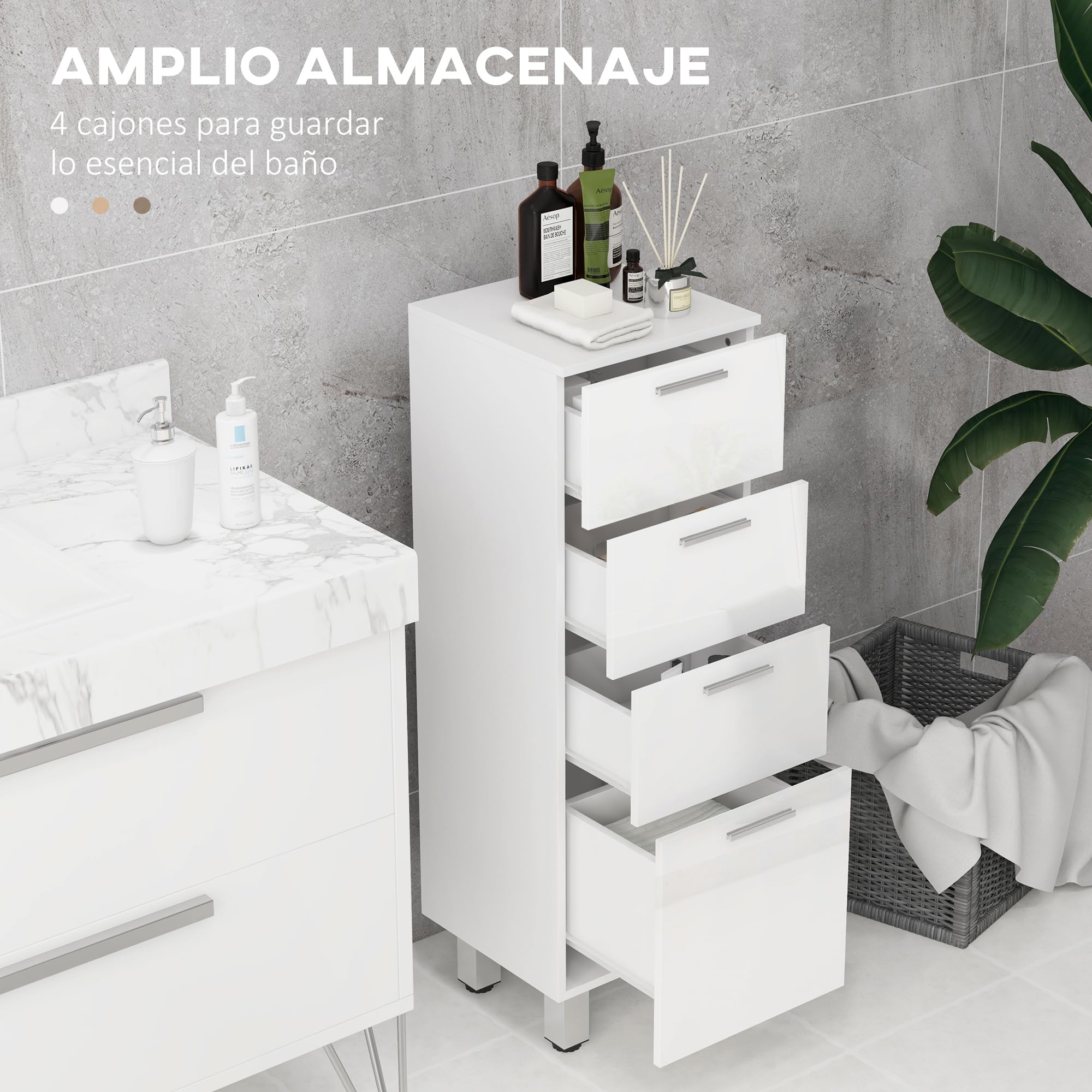 kleankin Mueble Auxiliar Baño Moderno 4 Patas 30x30x93 cm Blanco Brillante | Armario de Baño, 4 Cajones, Mueble de Almacenaje, para Salón Dormitorio, Antivuelco, Carga 30 kg, Pequeño