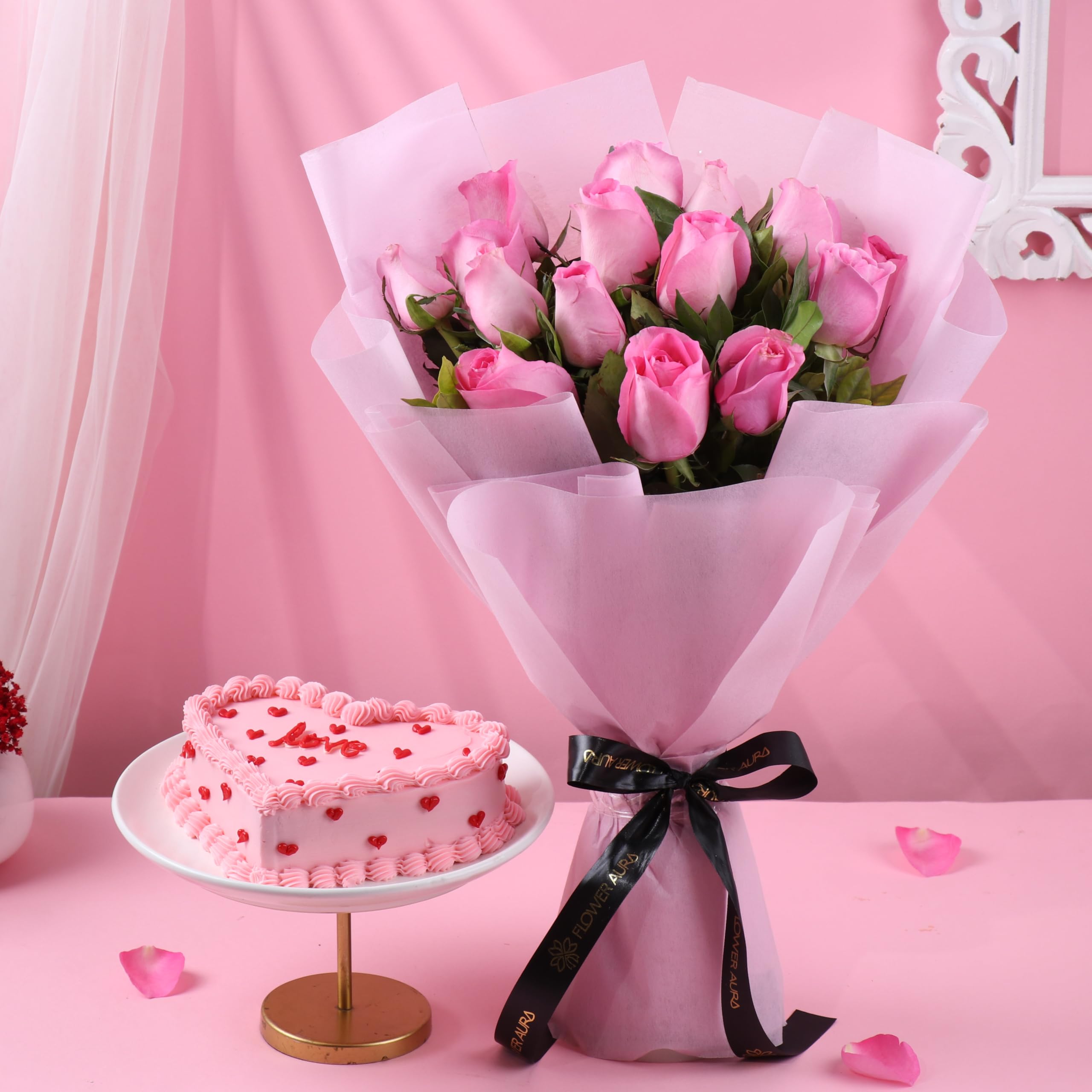 FlowerAura Love Combo of Fresh 500g Heart Chocolate Cake & 12 Pink Roses Flower Bouquet For Birthday | Anniversary | Valentine's Day Gift For Girlfriend, Boyfriend, Husband & Wife (Same Day Delivery)-image-33
