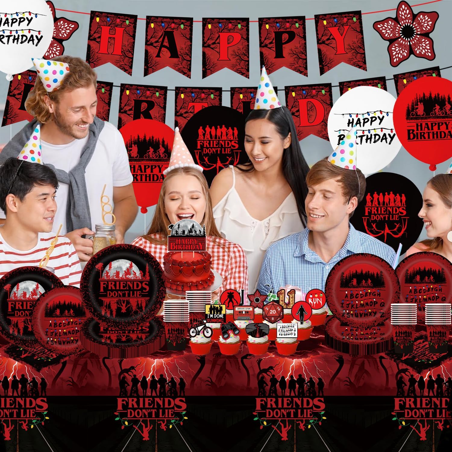 104 Stranger Birthday Party Decorations for 20 Guest Include Paper Plates of 2 Size,Napkins,Paper Cups,Banner,42.5x70.8inch Tablecloth,Balloons,Cake Toppers,Birthday Party Supplies