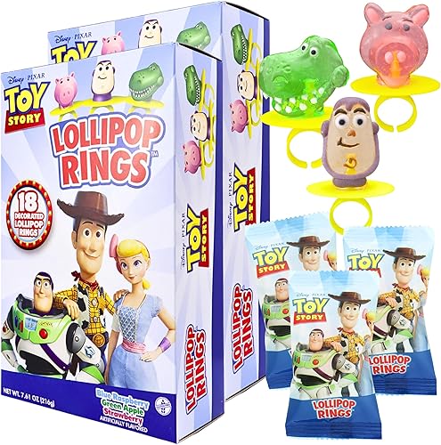 Sweetzo Anillos de piruleta envueltos individualmente inspirados en juguetes, suministros de fiesta de cumpleaños, Buzz, Rex y Hamm, ventosas con