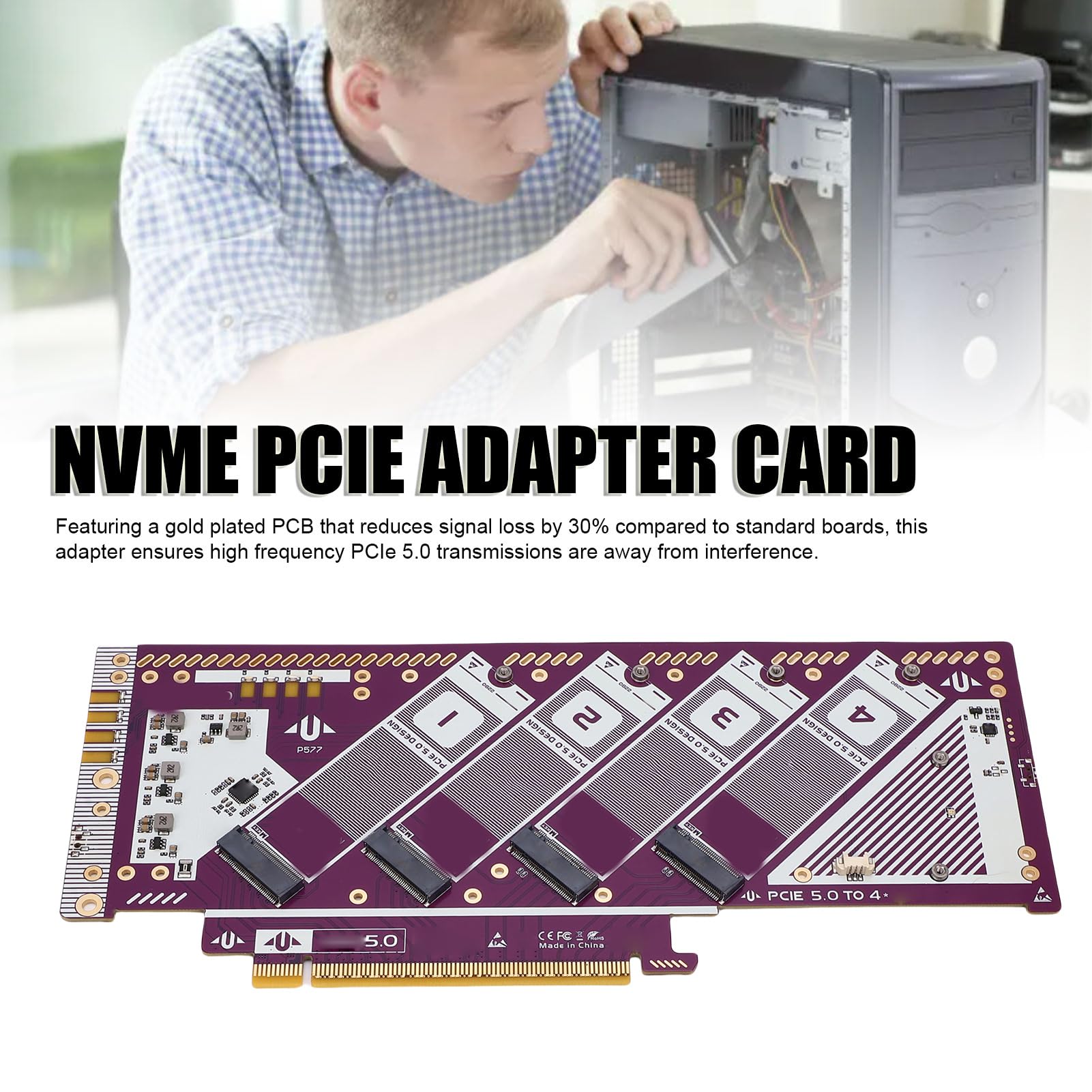 SUNGOOYUE PCIE 5.0 NVME M.2 Adattatore Scheda, X16 Slot su NVME SSD Extension Card Desktop Aggiornamento del Computer Desktop per PC da Gioco e Modifica Video