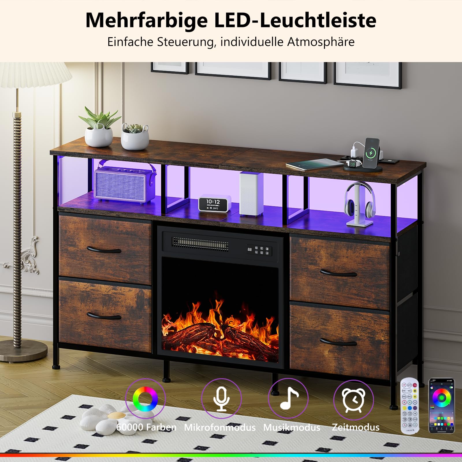 Waleaf TV Schrank, TV Lowboard mit 18 Zoll Elektrokamin, 3D Flammeneffekt & Heizung, LED Beleuchtung, 4 Stoffschubladen, Steckdosen & USB Buchse, Fernsehtisch für Fernseher bis zu 55 Zoll, Wohnzimmer