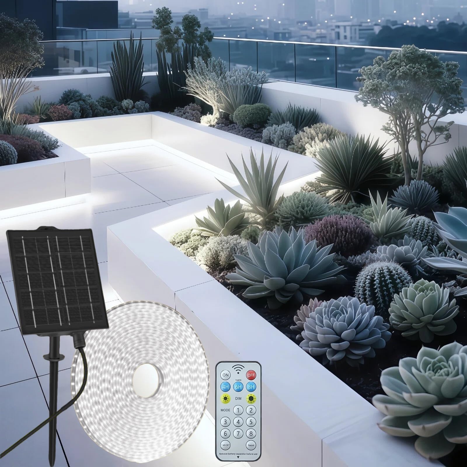 Gaoxun Solar LED Strip Lights Outdoor, 10m Solar Powered Flexible Rope Lights with Remote Control, Dimmable, 8 Modes 640 LED, IP68 Waterproof for Garden Umbrella Fence House Eaves Decor, Cool White