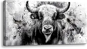 SERIMINO Bull Black and White Wall Art, Western Highland Cow Large Artwork, Animal Buffalo Canvas Prints, Modern Industrial Wall Decor Living Room Bedroom, Office Horizontal Pictures 20X40 Inch