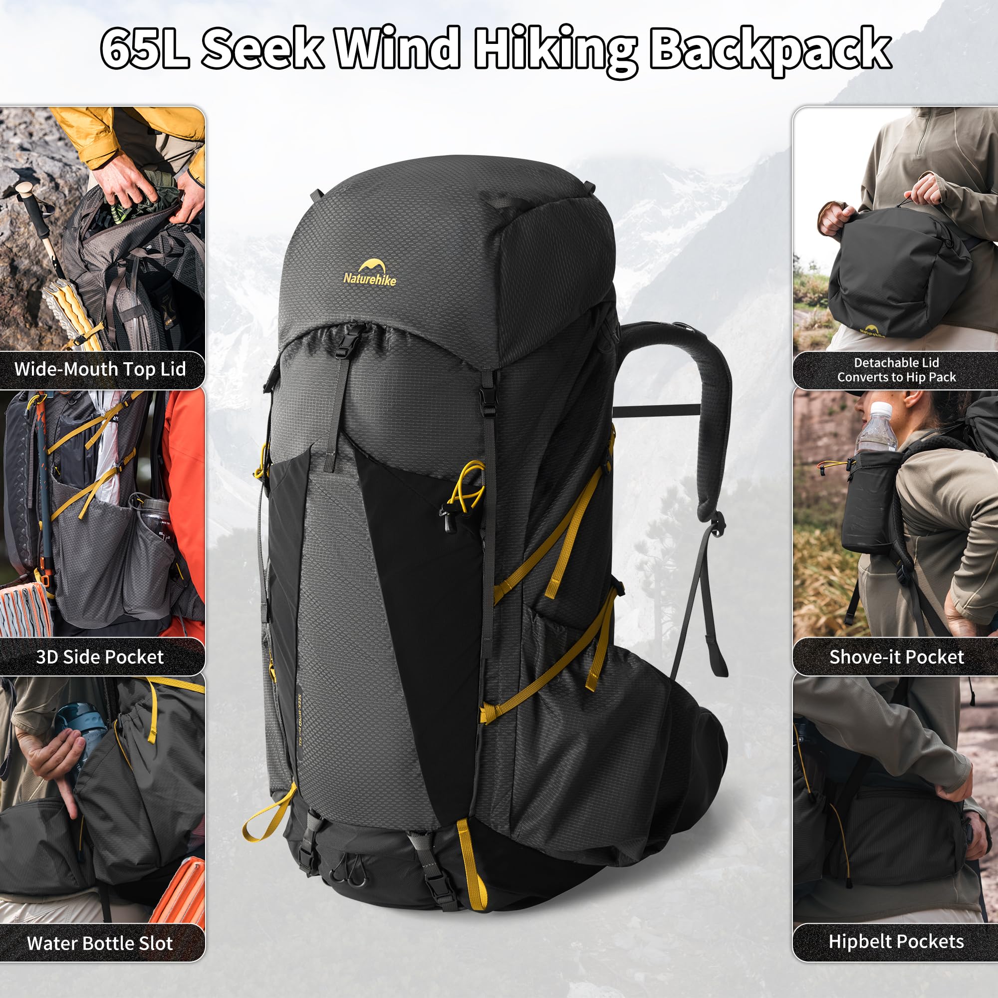 Naturehike Seek Wind plecak trekkingowy, 35 l/65 l, dla mężczyzn i kobiet, plecak turystyczny, wodoszczelny, plecak podróżny, plecak outdoorowy z pokrowcem przeciwdeszczowym, na kemping, do jazdy na
