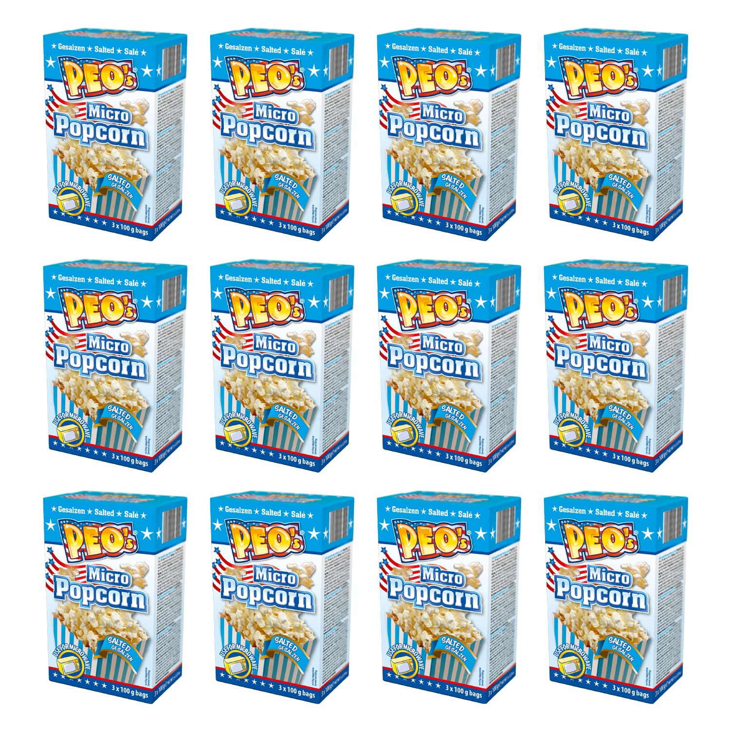 Peo's Micro Popcorn, Gesalzenes Mikrowellenpopcorn im 36er Vorteilspack, 12 Schachteln mit 3 x 100 g Inhalt, Popcorn Mais salzig für die Mikrowelle, Filmsnack, Kinoabend