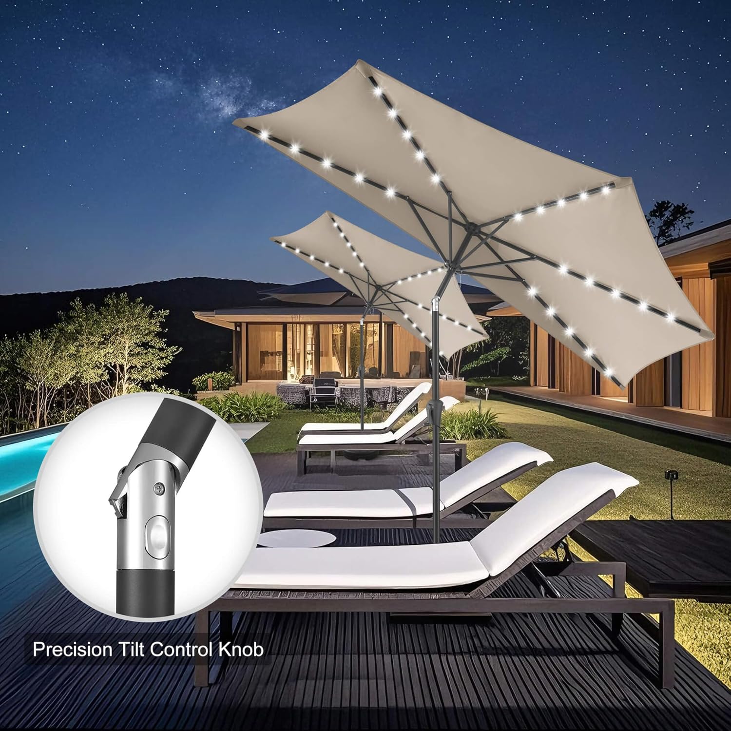 FLAME&SHADE 9 FT Solar Half Patio Umbrella with 25 LED Lights, Half Outdoor Umbrella with Button Tilt, Half Round Table Umbrella For Deck, Backyard, Balconies, Decks, Rvs, UV Protection (Taupe)