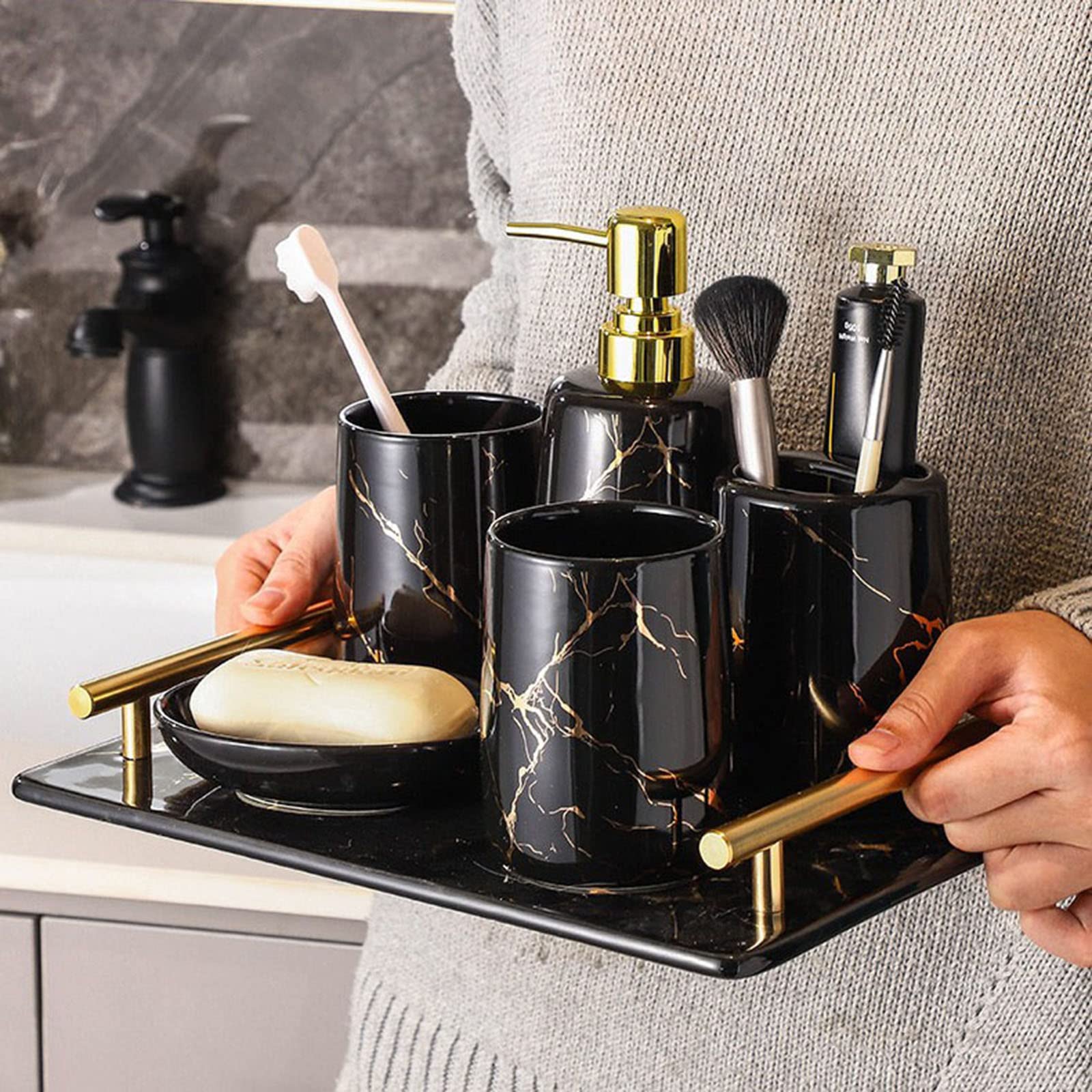 Juego De Dispensador De Jabón para Baño., Juego De Dispensador De Jabón De Baño Y Portacepillos De 6 Piezas, Porta Cepillo De Dientes, Bandeja De Tocador-Verde