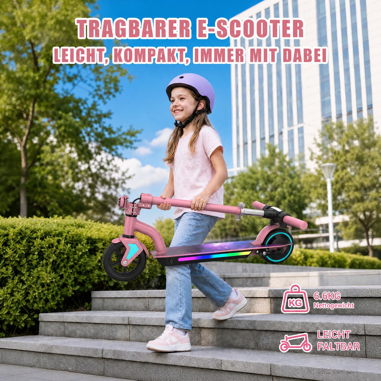 Trottinette électrique pour Enfants âgés de 6 à 16 Ans | 6/10/16 km/h, autonomie max. 16 km, lumières colorées, affichage LED, hauteur réglable, pliable, pour garçons et filles