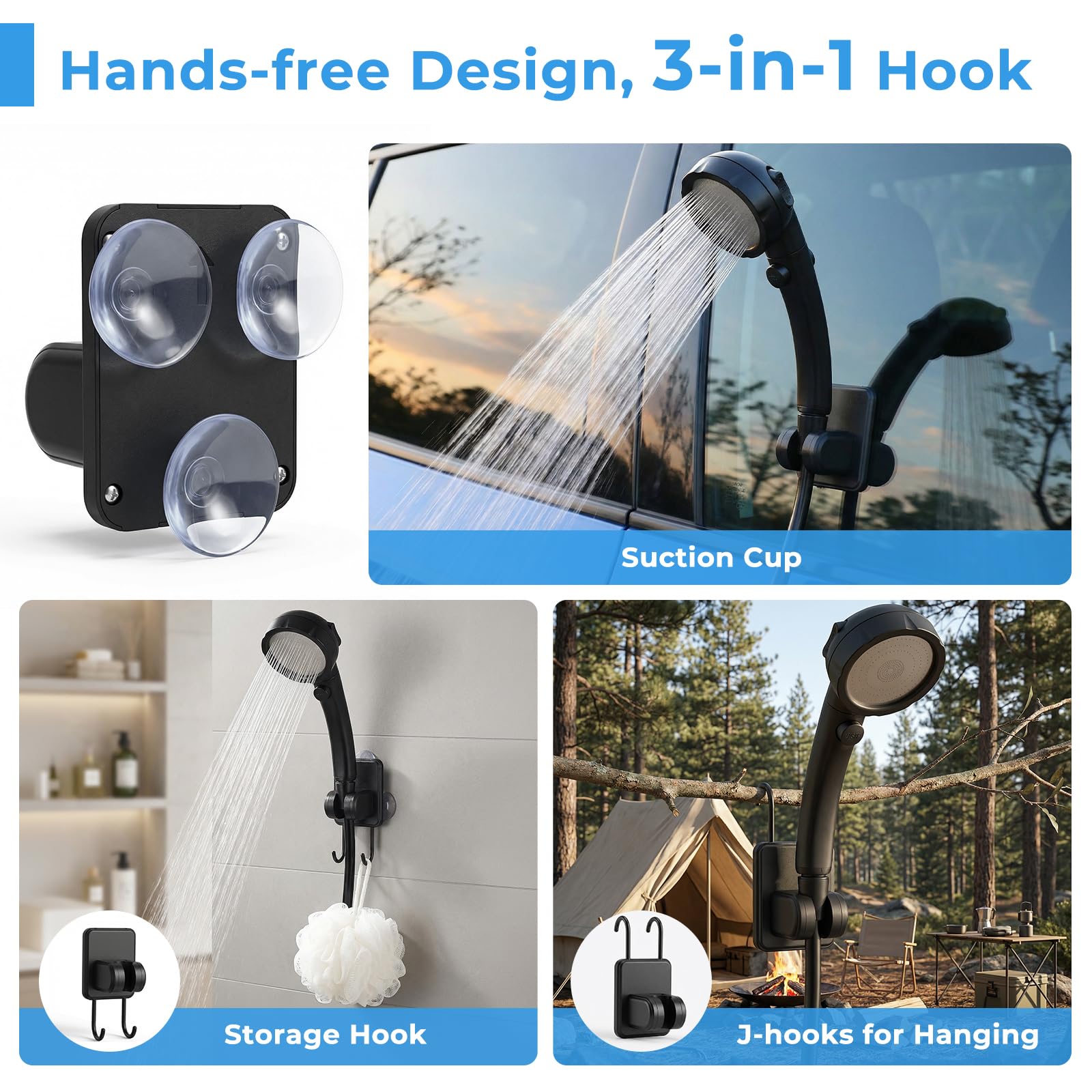 Douche de camping portable 8000 mAh rechargeable avec écran LED, étanchéité IPX8, 4 modes de pulvérisation, 5 niveaux de pression d'eau et lumière ambiante colorée pour camping, randonnée, plage, bain