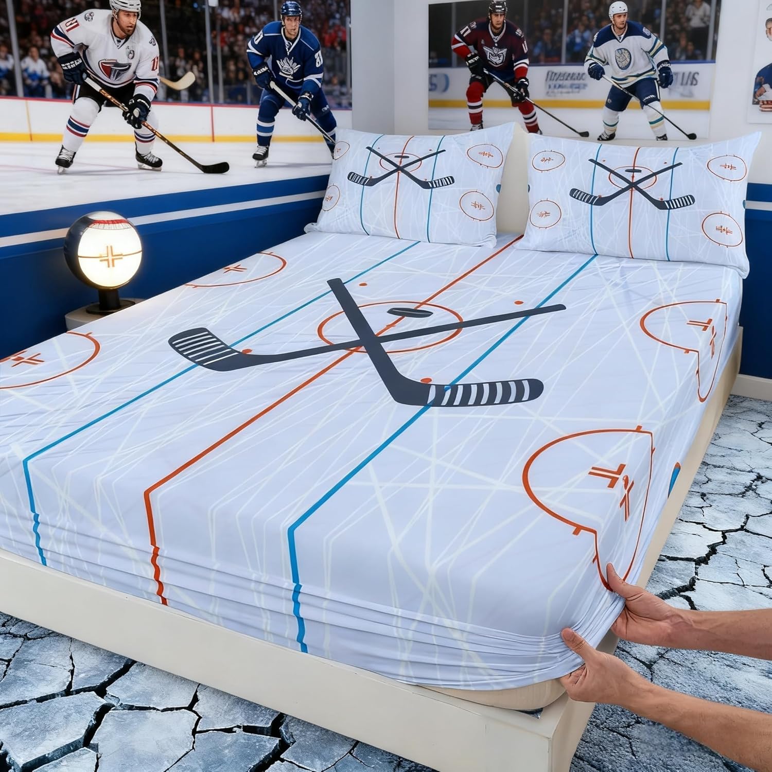 Homewish Ice Hockey Kids Fitted Sheet Full Size,Hockey Stadium Rink Bedding Set,Boys Girls Adults Bedroom Decor,Winter Event Ball Games Lovers Bed Cover,Modern Stylish Bed Sheet,3pcs,2 Pillowcases