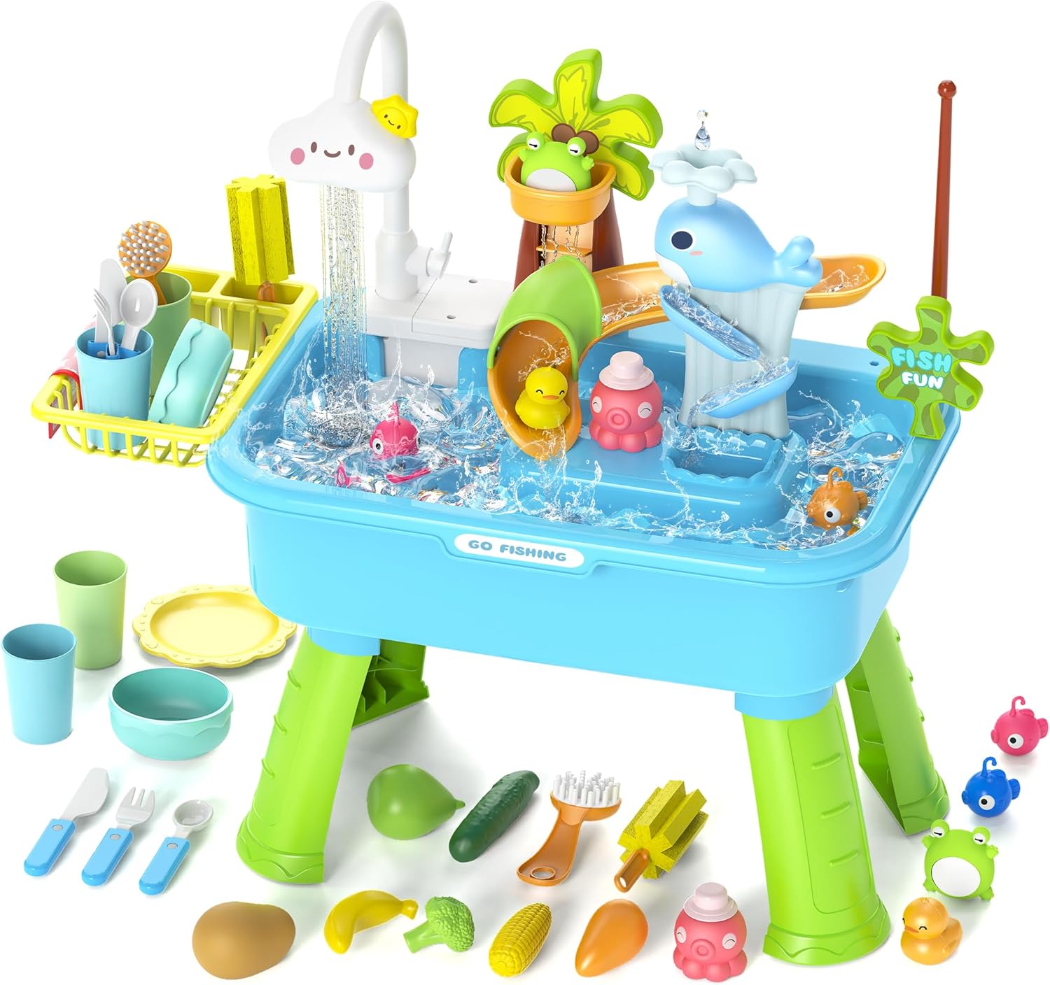 4-in-1 Electric Water Table Toy for Toddlers 1-3,Color Changing Kitchen Play Sink Toys with Running Water for Kid with Water Pump,Animals, Food, Tableware,Pretend Role Birthday Toy for Boy and Girl