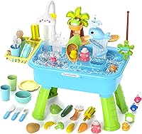 flybakiz 4-in-1 Electric Water Table Kitchen Sink Toy for Toddlers 1-3 - Running Water Pump, Fishing Game, Animals & Food Playset