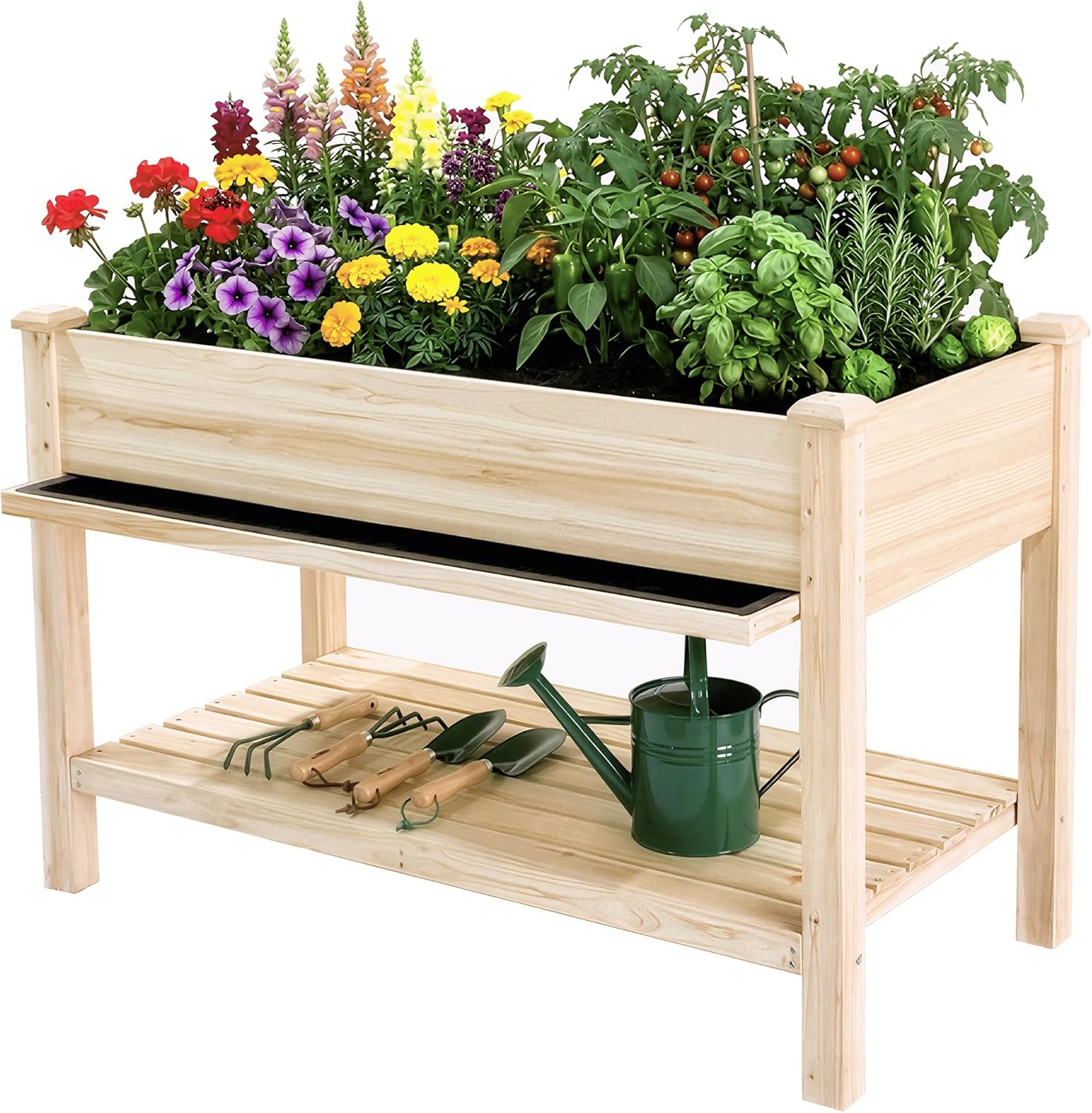 Raised Garden Bed 48x23x31.1-inch Elevated Wood Planter with Water Collection Tray, Storage Shelf, Protective Liner