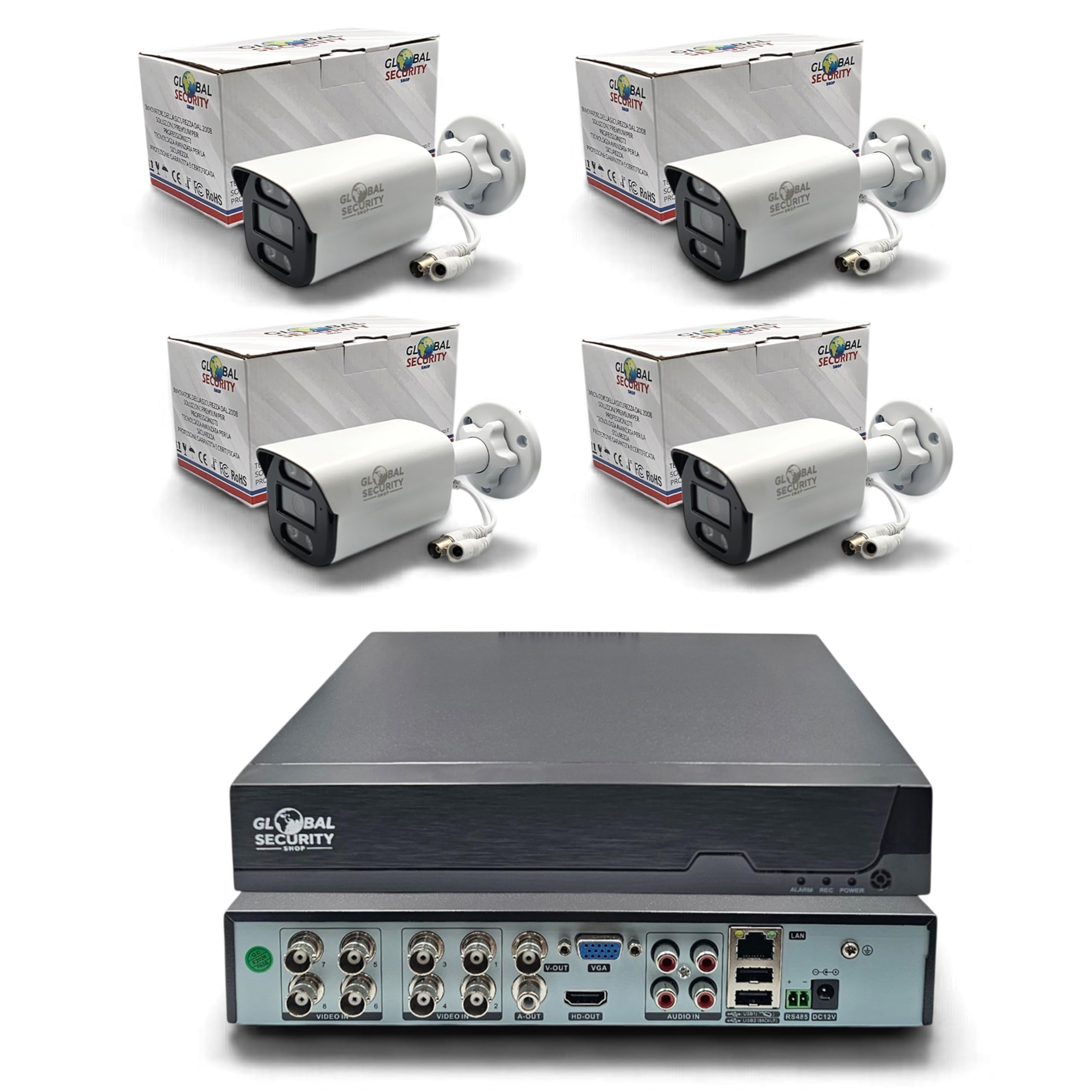 Videoüberwachungs-Set, 4 Kanäle, für den Außenbereich, 5 Megapixel, Lite GSS Pro, kabelgebundenes System BNC XVR Hybrid IA (Menschenerkennung), HDMI-Ausgang 2K, Audio auf Koaxial TVI (ohne Festplatte)