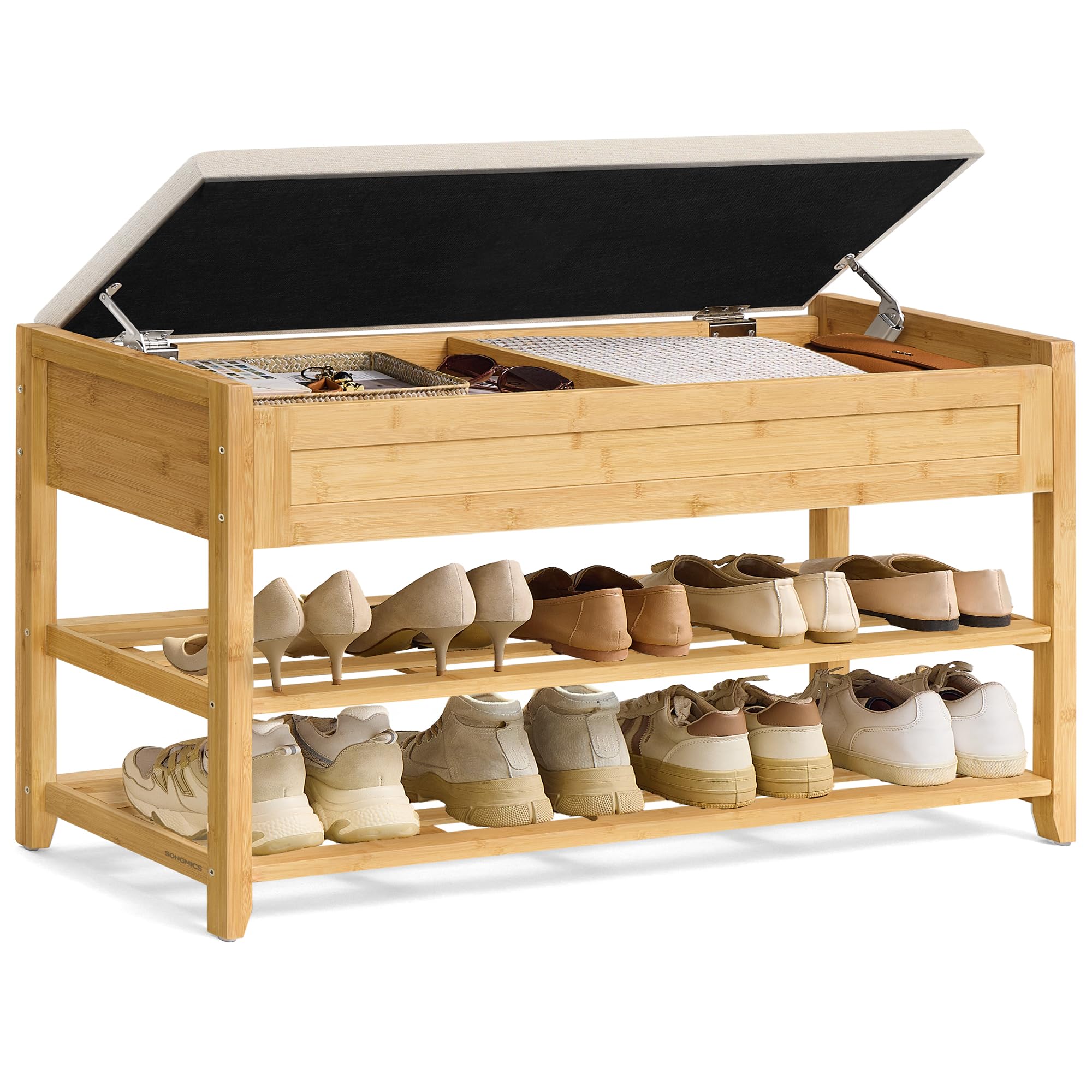 SONGMICS Storage Bench, Bamboo Shoe Rack, Entryway Furniture, 39.4 Inches Wide, Hidden Storage Compartments, 2-Tier Shoe Shelves, for Entryway, Living Room, Bedroom, Dorm, Natural Beige ULSB059N01