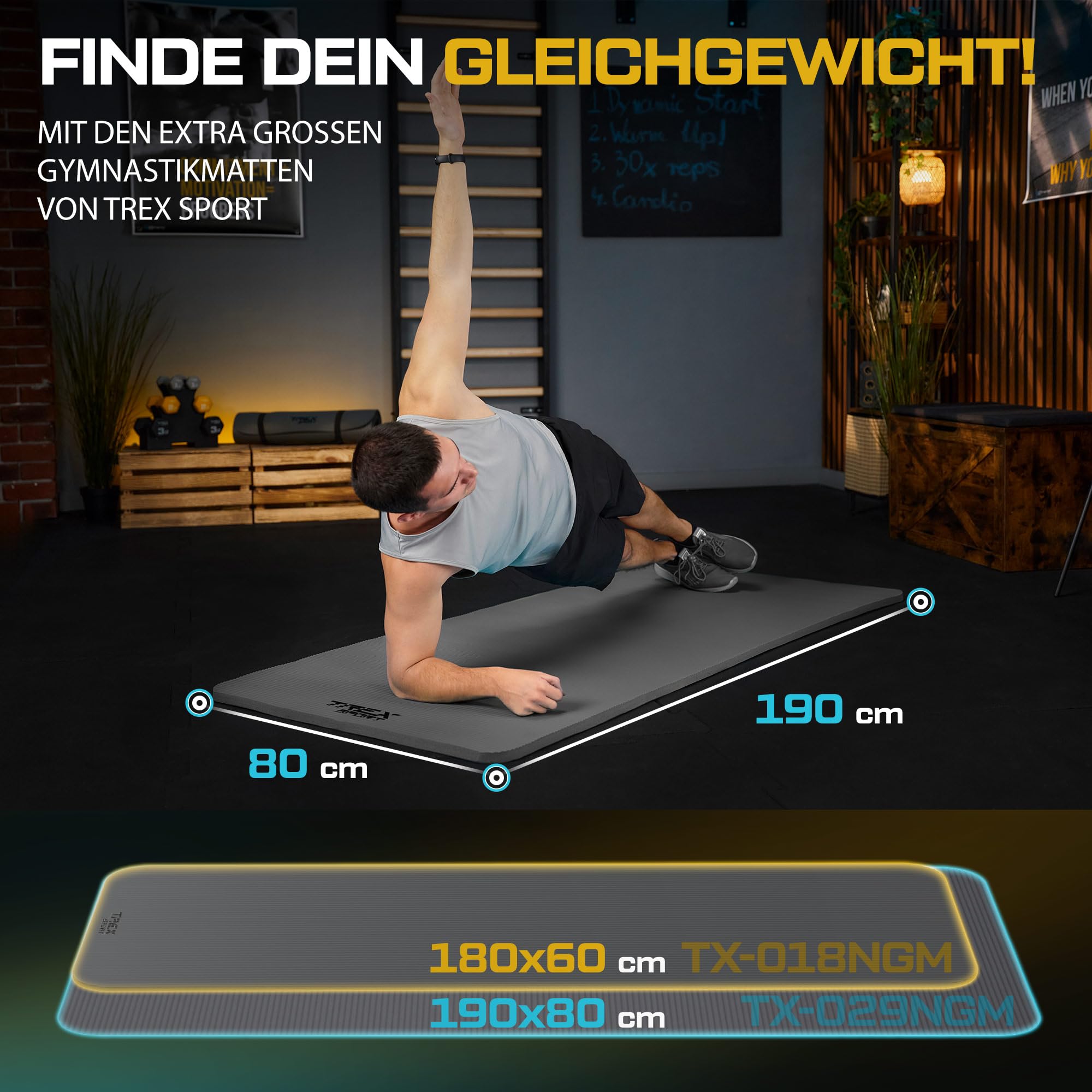 TREX SPORT Gymnastikmatte 2cm extra dick Fitnessmatte Sportmatte 190x80x2cm | NBR Yogamatte Pilates, Trainingsmatte rutschfest, wasserdicht, weich