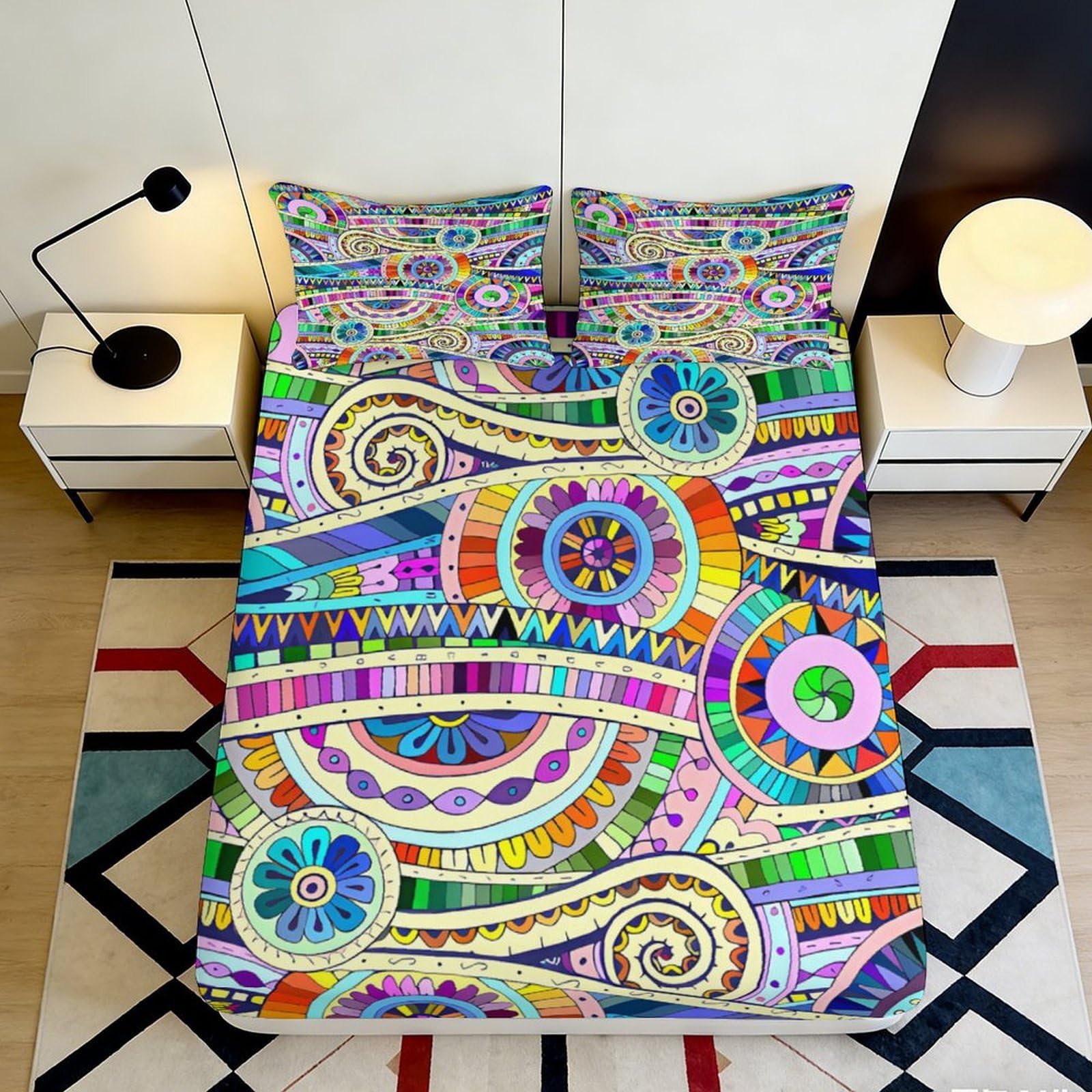3D Printed Colorful Abstract Swirl Fitted Sheet Microfiber Vibrant Geometric Pattern Mattress Cover for Bedroom Guest Room Decor 90x200x25cm